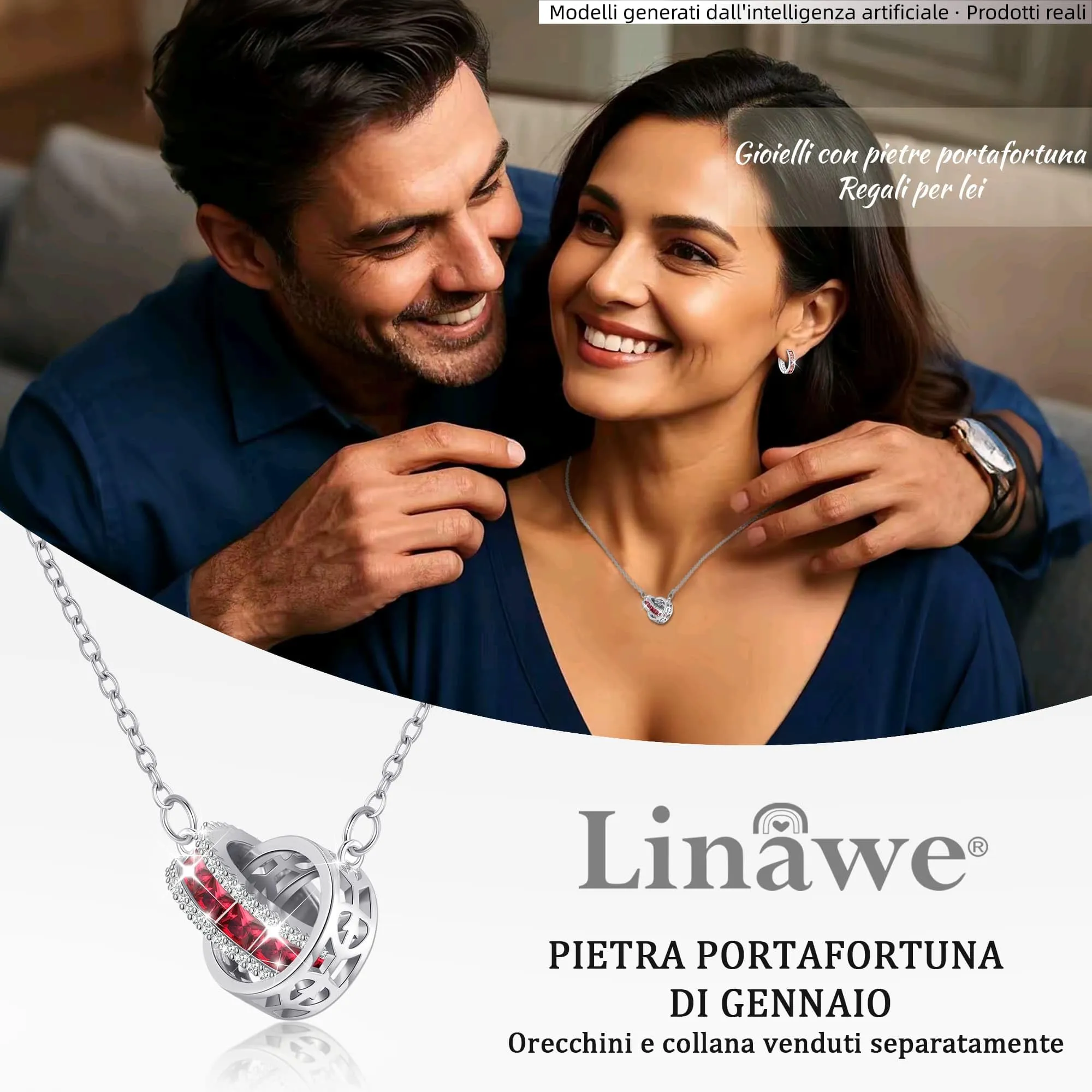 Linawe Gioielli da donna in argento con catena in acciaio inossidabile rosso rubino, collana con ciondolo con pietre preziose, set di gioielli con catenina portafortuna in cristallo - immagine 5