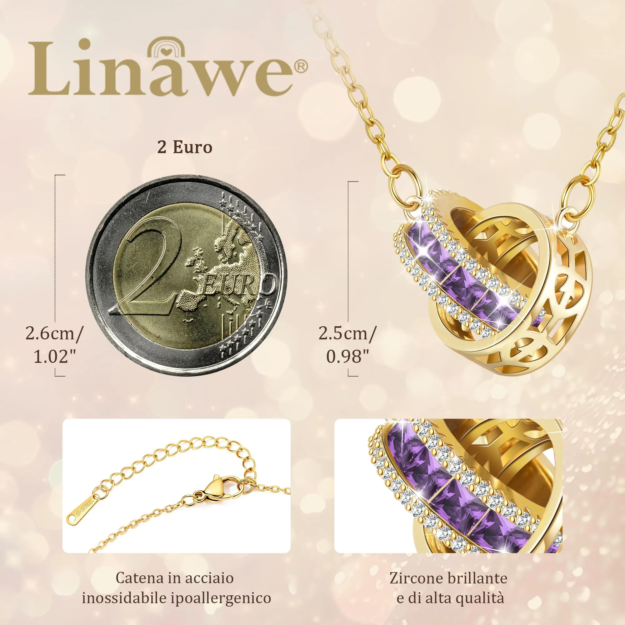 Linawe Catenina in oro con gemme viola ametista per donna, Ciondolo a catena in oro, Collana con pendente a catena, Catenina in acciaio inossidabile dorato con pietra portafortuna - immagine 2