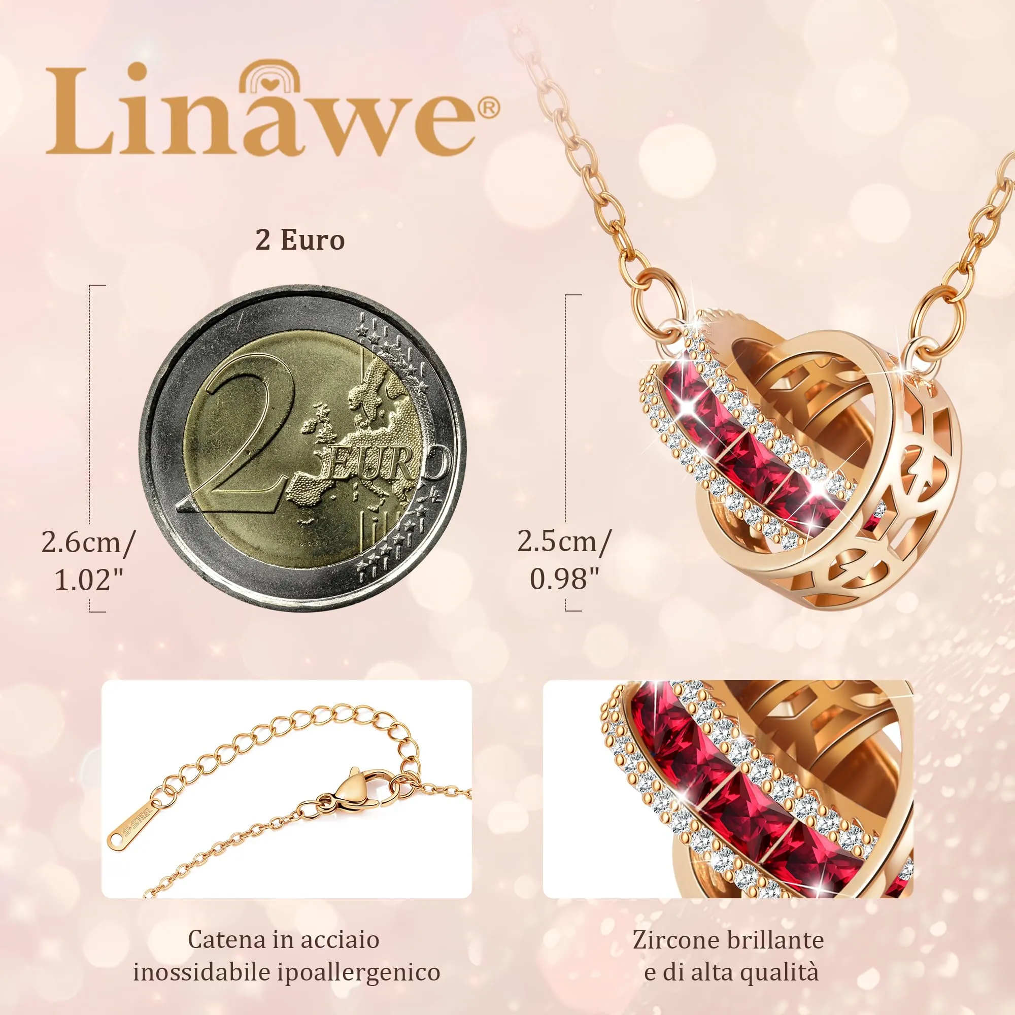 Linawe Collana con pietre preziose da donna rosso rubino, collana in acciaio inossidabile in oro rosa, set di collane di tendenza, catena con ciondolo in cristallo portafortuna, gioielli in rame - immagine 2