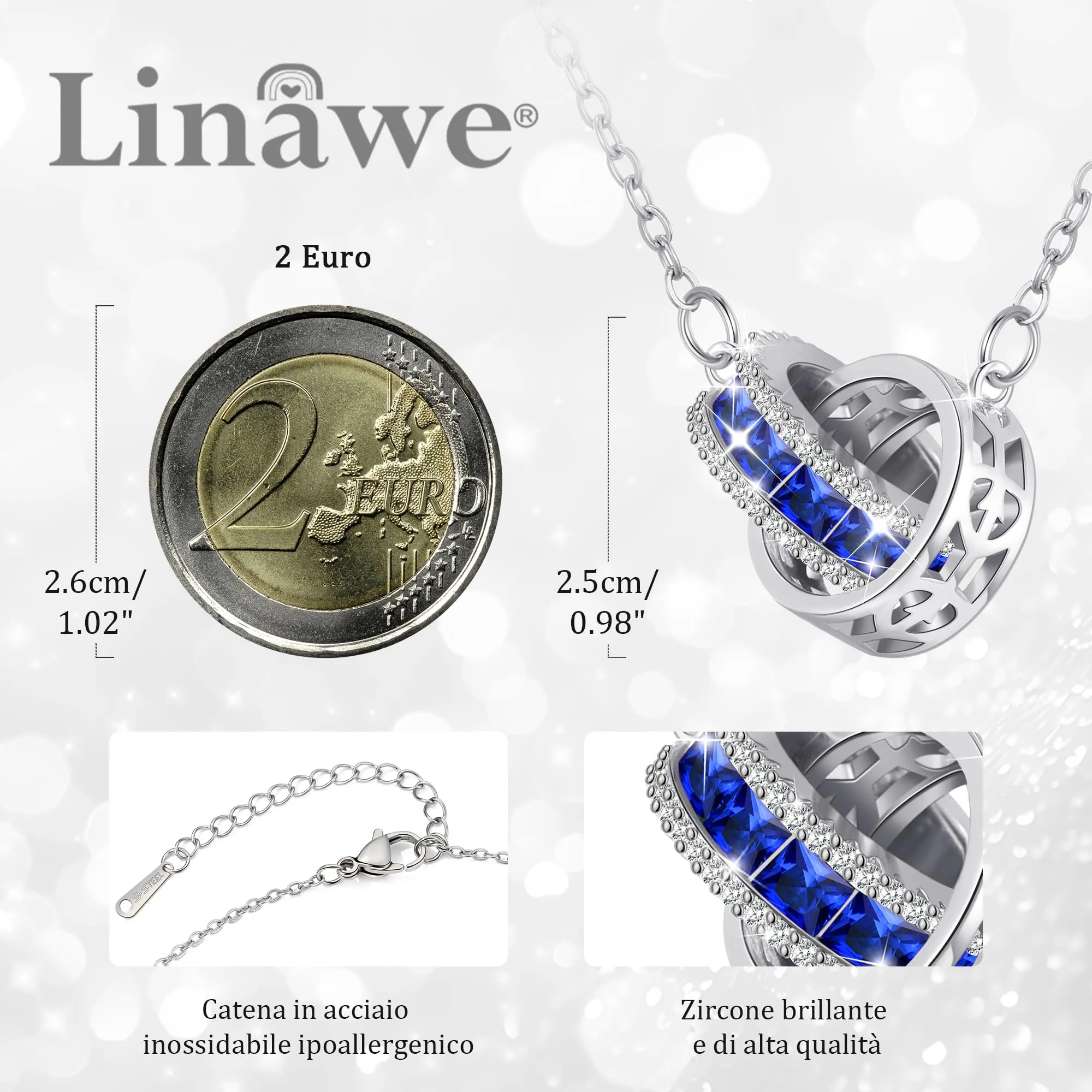 Linawe Collana con ciondolo in argento da donna, collane con ciondolo a catena blu zaffiro, gioielli in acciaio inossidabile in argento set di collana con pietra portafortuna in cristallo - immagine 2