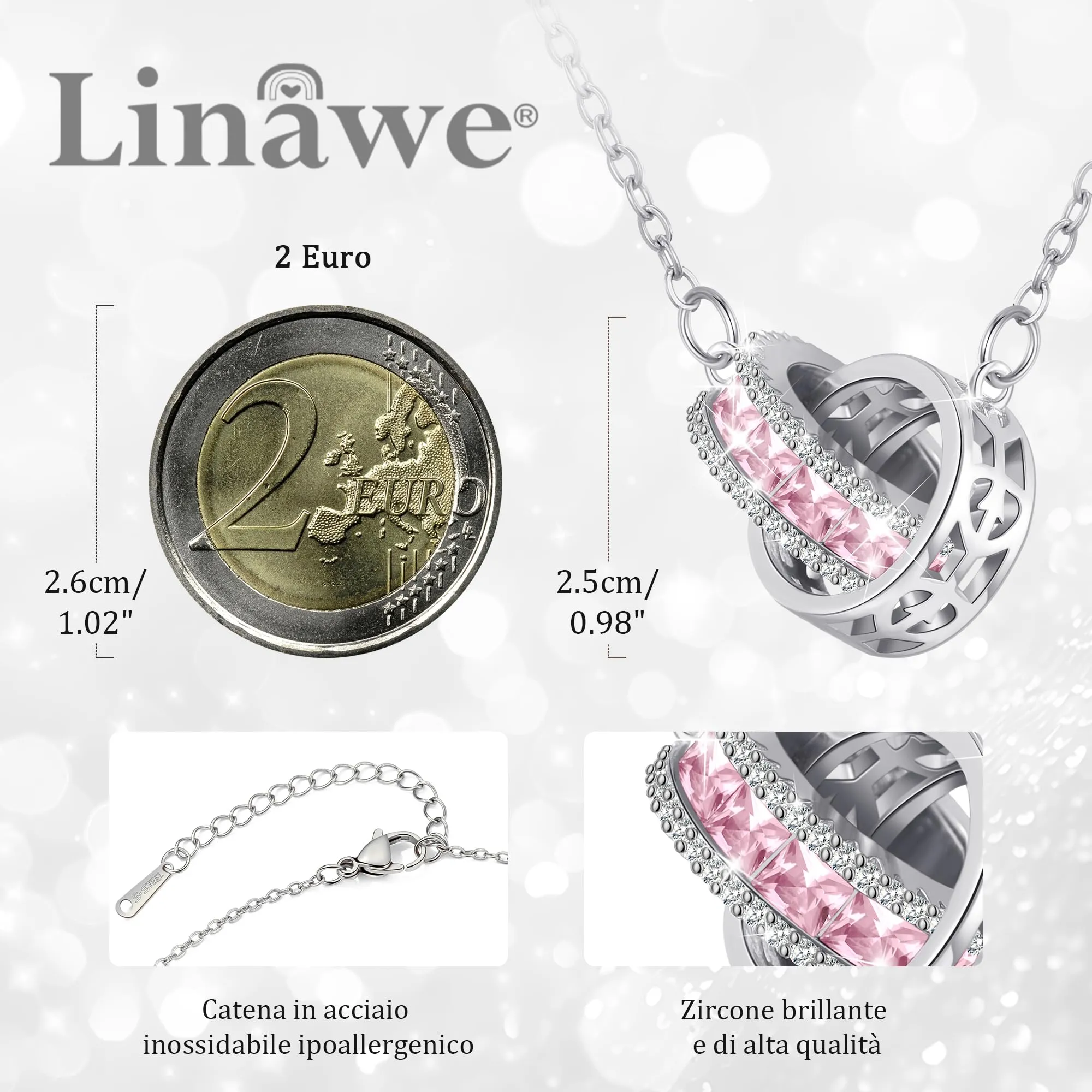 Linawe Collana rosa in acciaio inossidabile da donna, collane con ciondolo in quarzo rosa, collana con ciondolo a catena in argento, set di gioielli con pietra portafortuna in cristallo - immagine 2