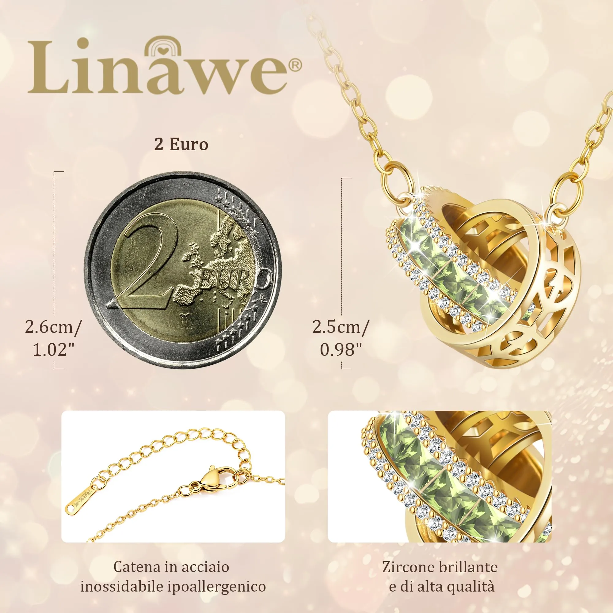 Linawe Collana in oro da donna con catena verde in peridoto, catena con ciondolo in pietre preziose, set di gioielli con ciondolo a catena dorata con ciondolo a catena in acciaio inossidabile - immagine 2