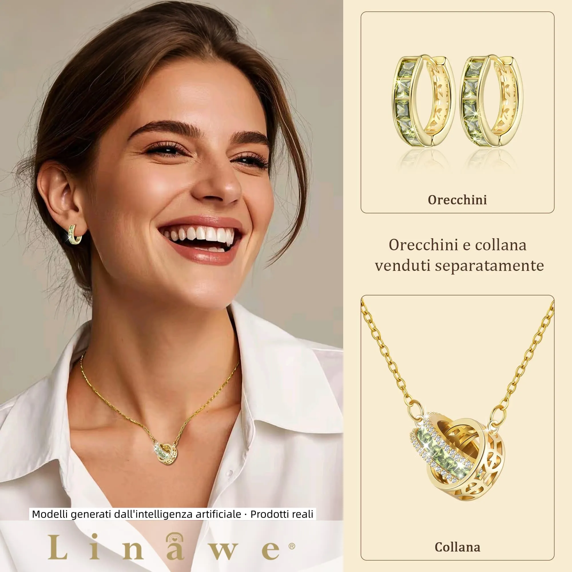 Linawe Collana in oro da donna con catena verde in peridoto, catena con ciondolo in pietre preziose, set di gioielli con ciondolo a catena dorata con ciondolo a catena in acciaio inossidabile - immagine 3