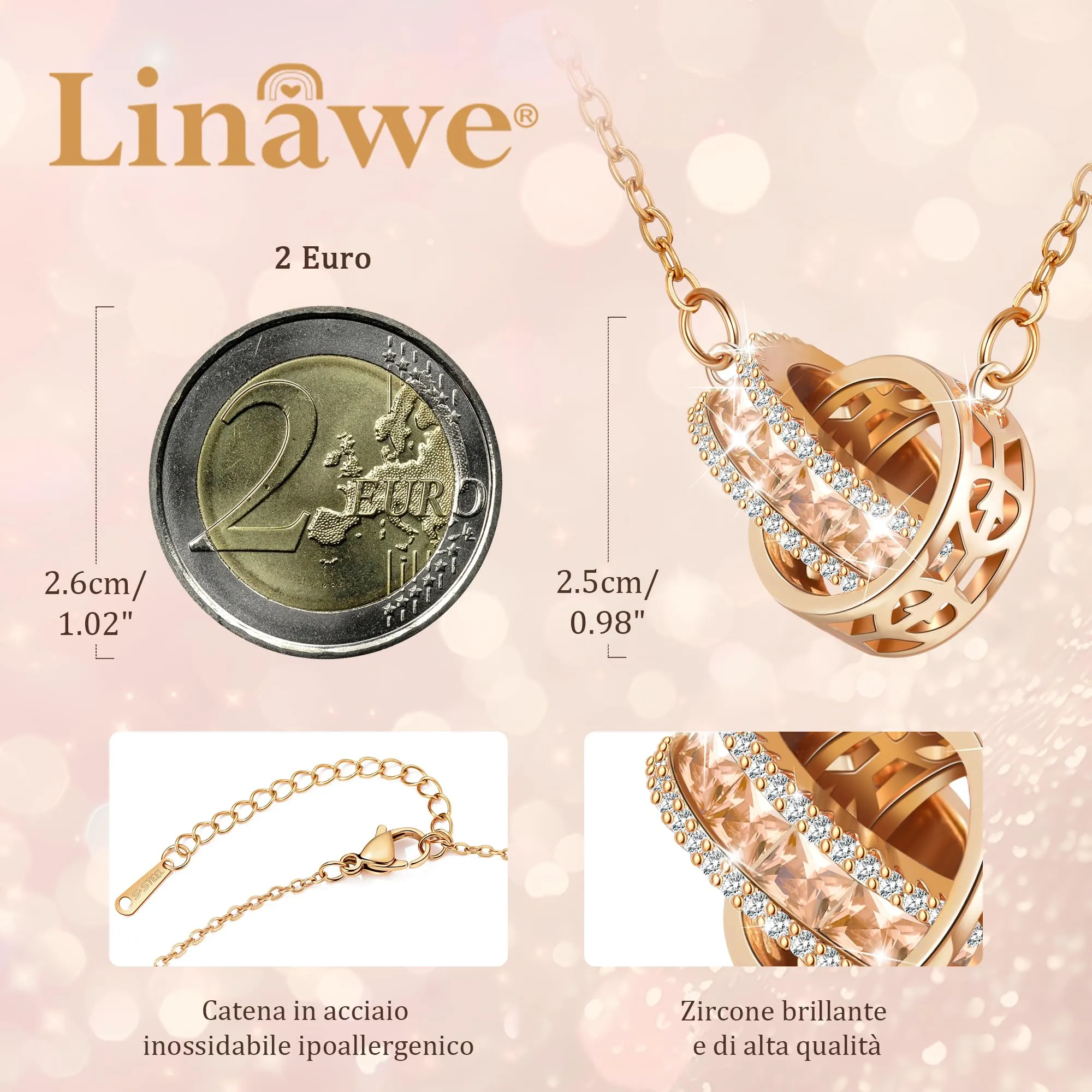 Linawe Catena giallo citrino da donna in oro rosa, collane con ciondolo con pietre preziose, gioielli in rame con catena in acciaio inossidabile, set di gioielli in cristallo pietra portafortuna - immagine 2