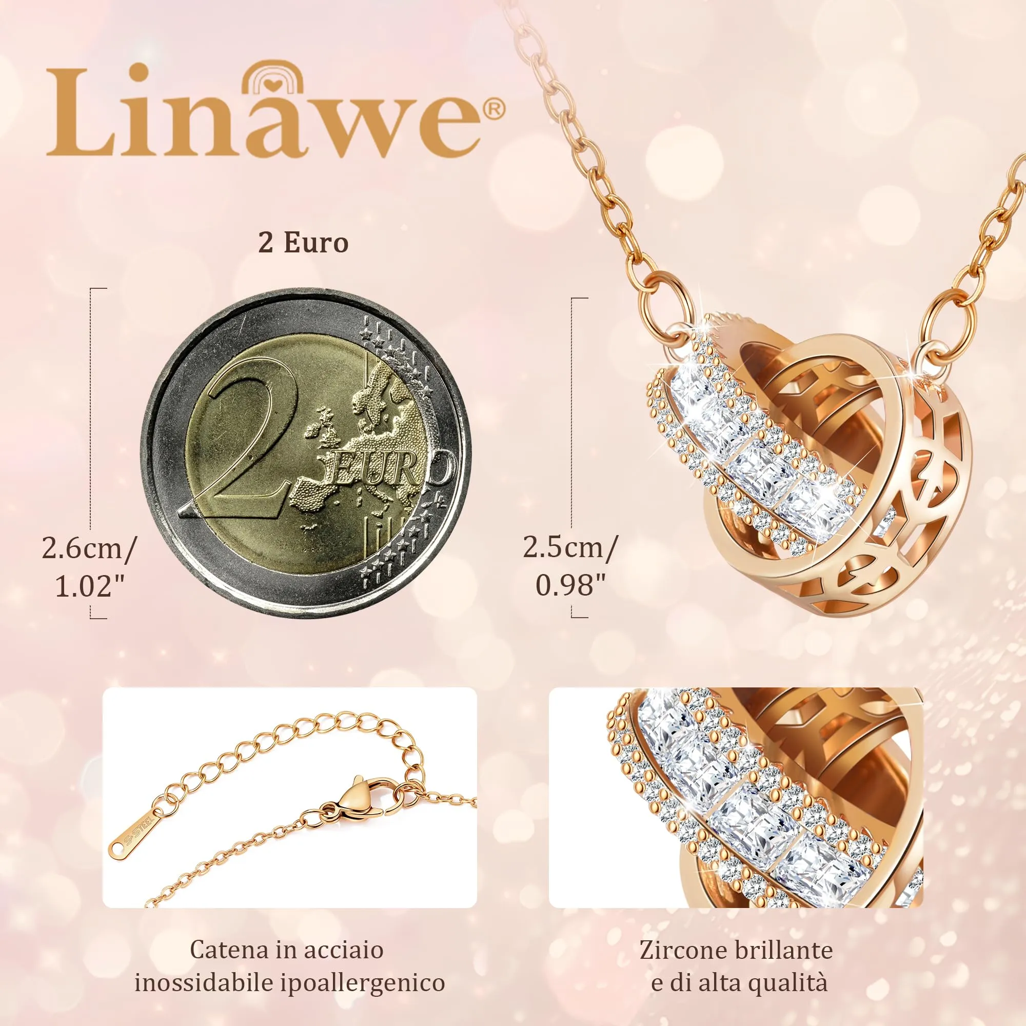 Linawe Collana con ciondolo con pietre preziose da donna, collana con ciondolo a forma di fossile, collana in oro rosa, set di catenine portafortuna in acciaio inossidabile, catena di cristallo - immagine 2