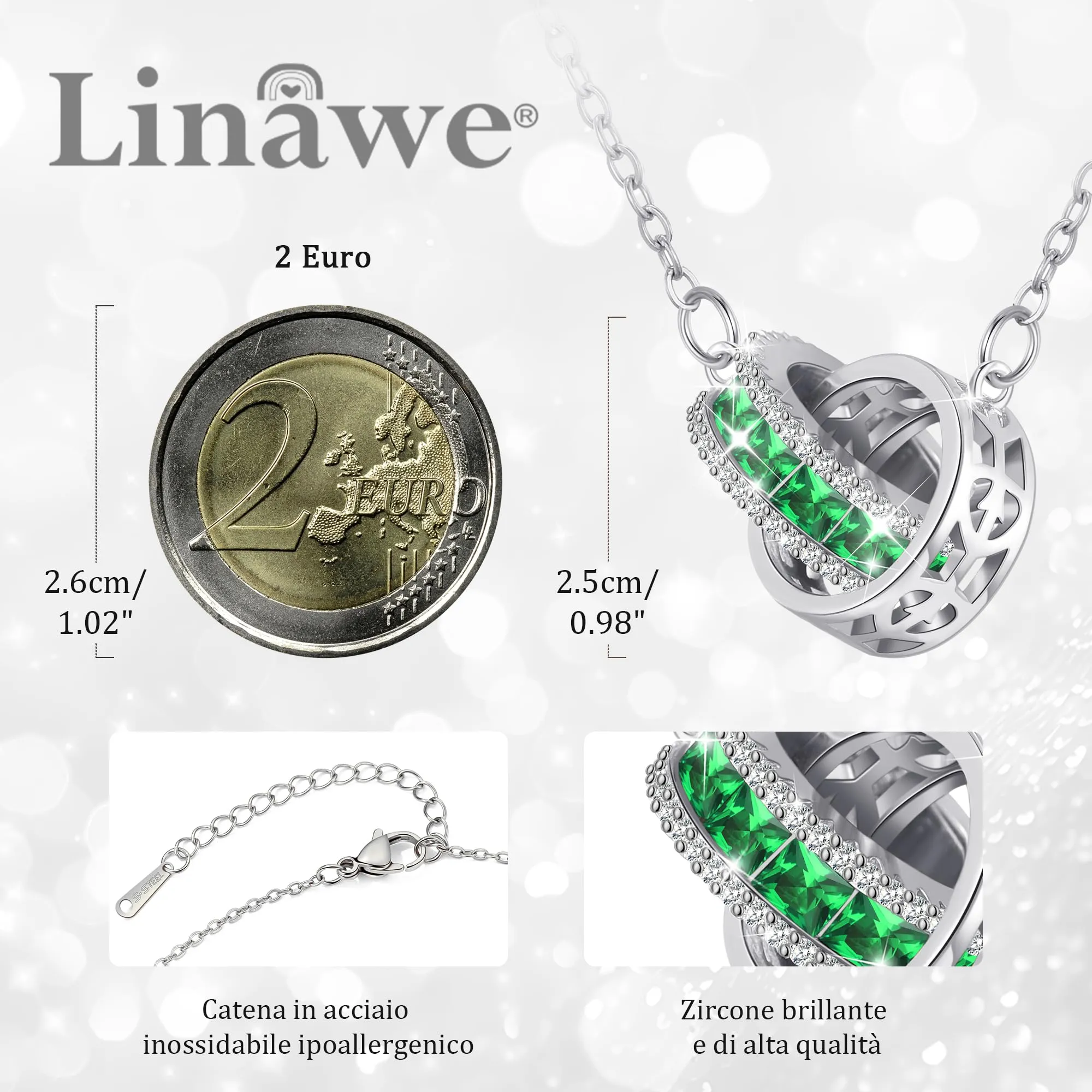 Linawe Collana da donna in argento verde smeraldo, collana con ciondolo con pietre preziose, gioielli in argento, set di catenine in acciaio inossidabile, gioielli alla moda in cristallo portafortuna - immagine 2