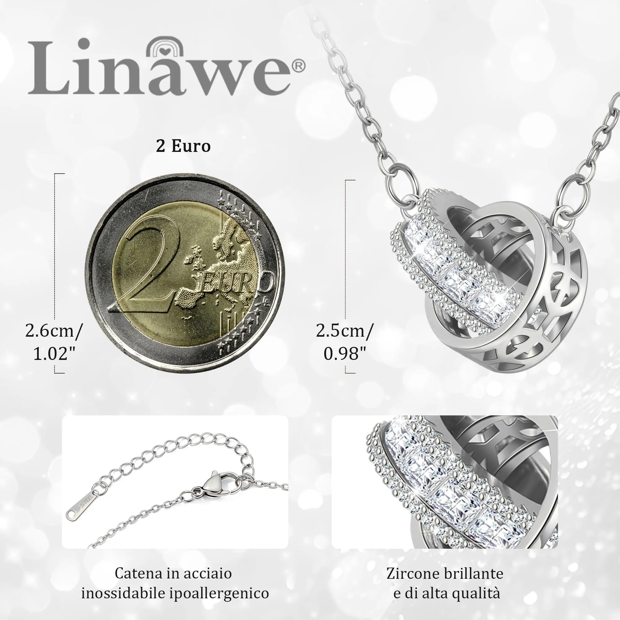 Linawe Collane a catena in acciaio inossidabile per donna, set di catenine con ciondolo con pietre preziose gioielli in rame in argento, ciondolo a catena in cristallo, collana in argento - immagine 2