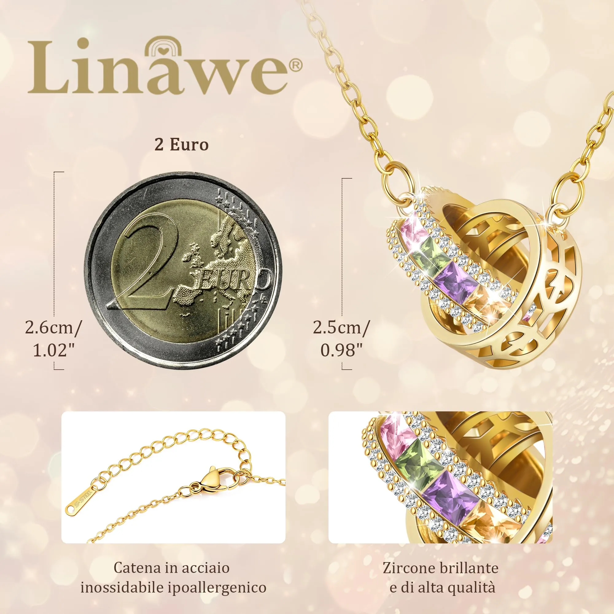 Linawe Collane in oro per donna, collana in acciaio inossidabile gioielli, set di collane con pietre preziose dorate, collana in pietra portafortuna cristallo con ciondolo - immagine 2