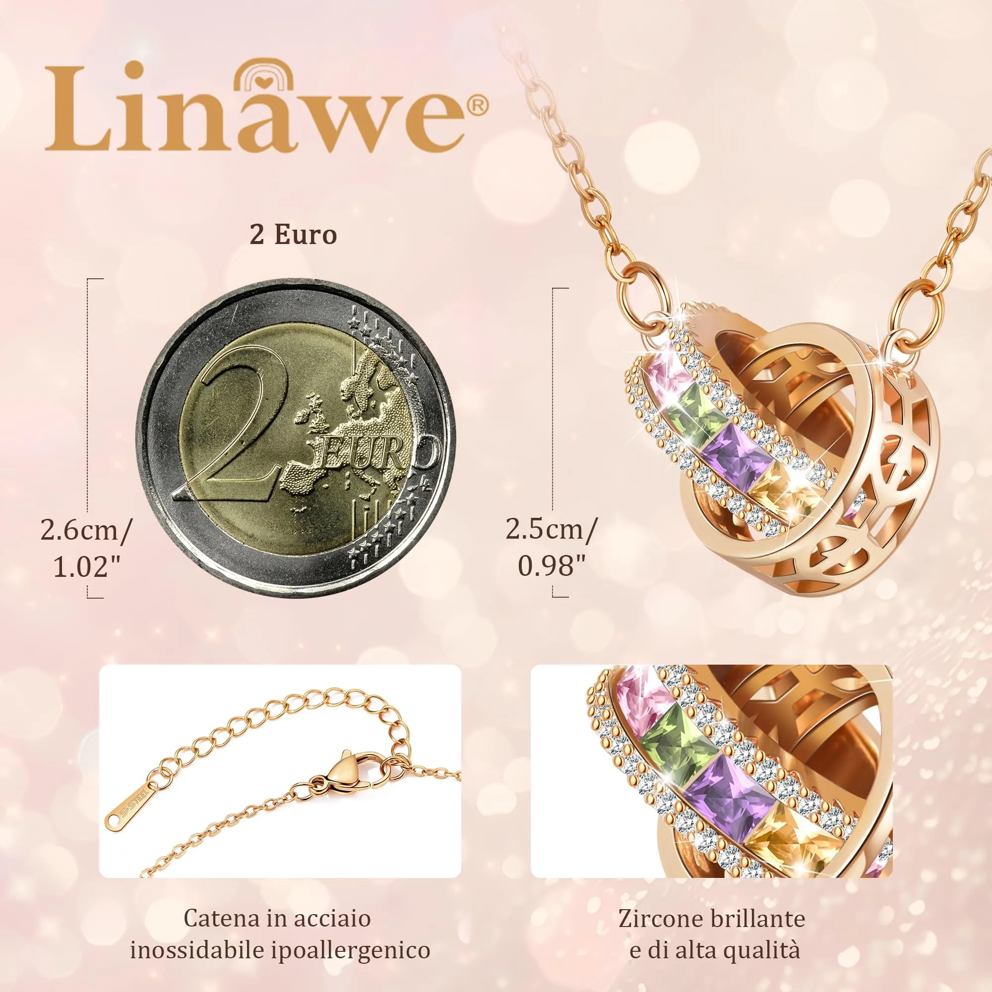 Linawe Collana da donna con gemme in oro rosa, set di gioielli con ciondolo a catena, collana in cristallo in acciaio inossidabile con ciondolo, collana in rame - immagine 2