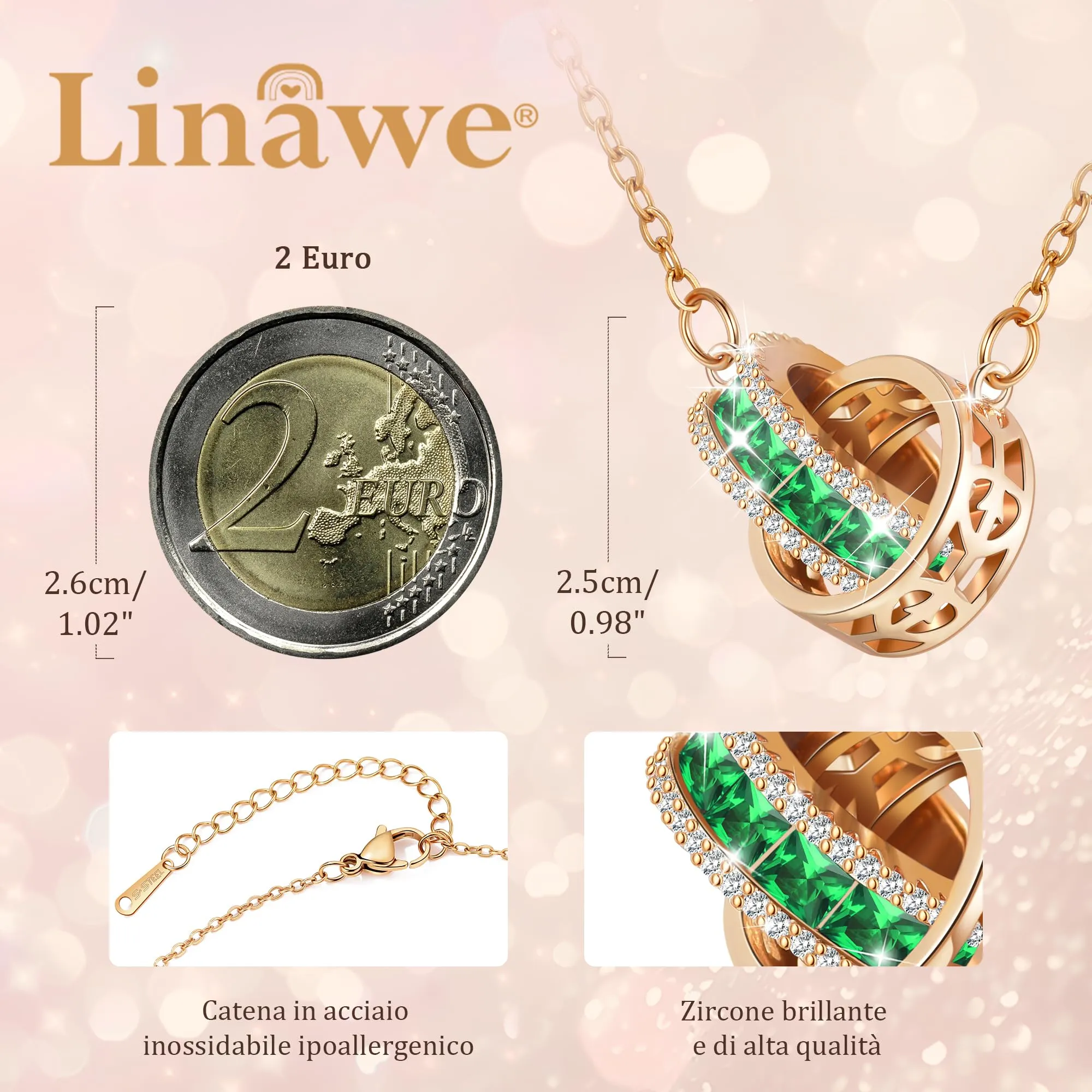 Linawe Collana con ciondolo con pietre preziose da donna in oro rosa, verde smeraldo, acciaio inossidabile, set di gioielli con ciondolo a catena, collana in cristallo con pietra portafortuna - immagine 2