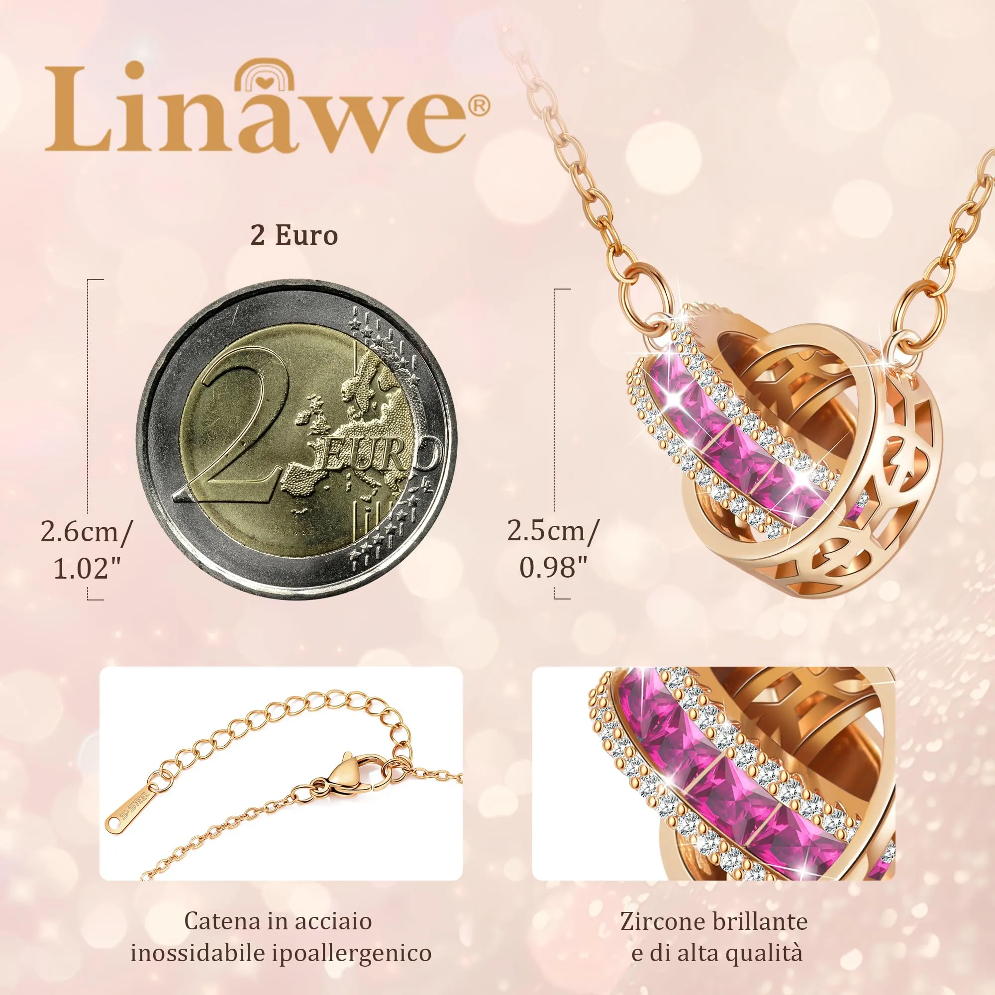 Linawe Collana con ciondolo con pietre preziose rosa da donna in oro rosa, collana con pendente in acciaio inossidabile, catena di gioielli alla moda in rame con pietra portafortuna in cristallo - immagine 2