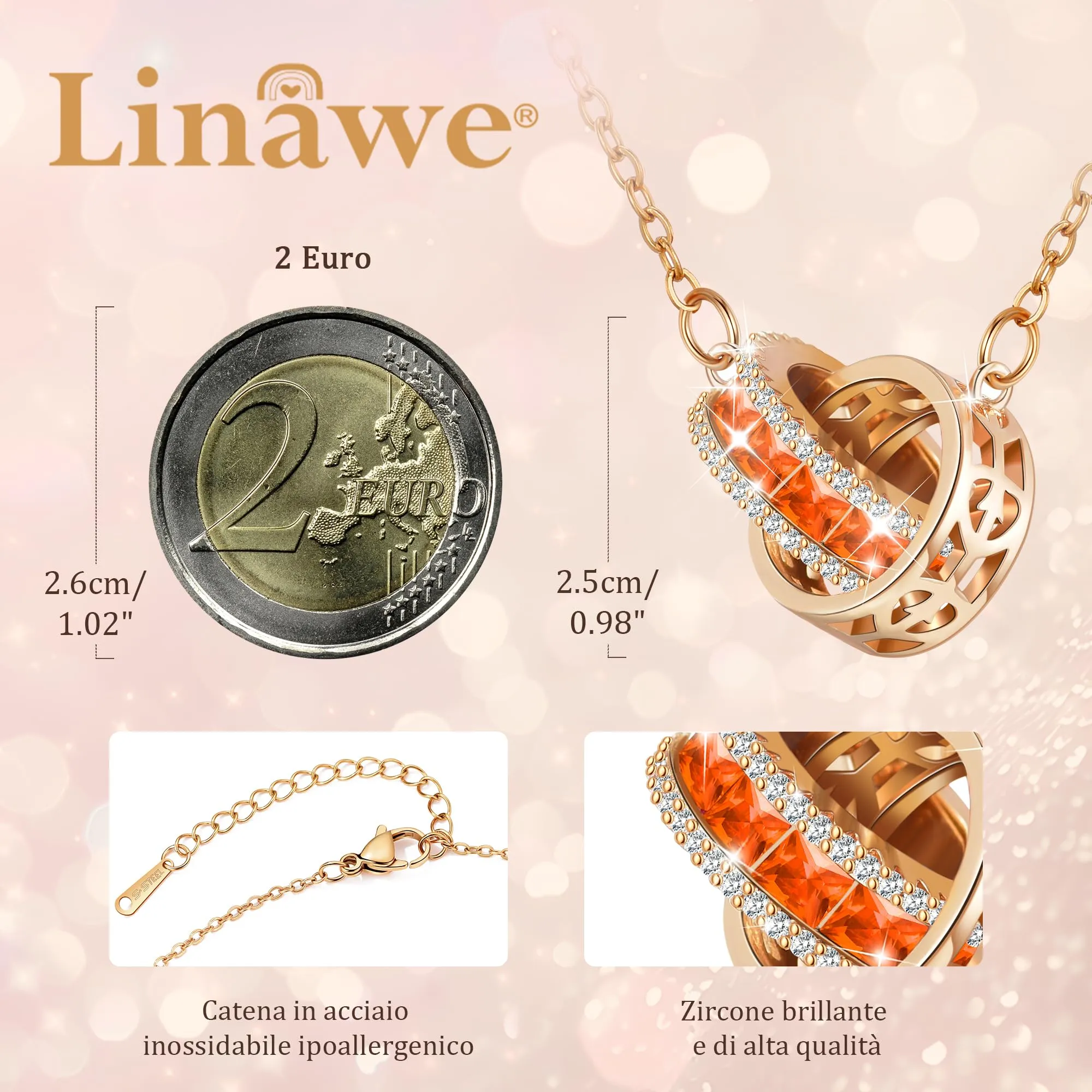 Linawe Collane da donna, collana in acciaio inossidabile con ciondolo con pietre preziose arancioni, collana di tendenza, set di gioielli alla moda in cristallo portafortuna - immagine 2