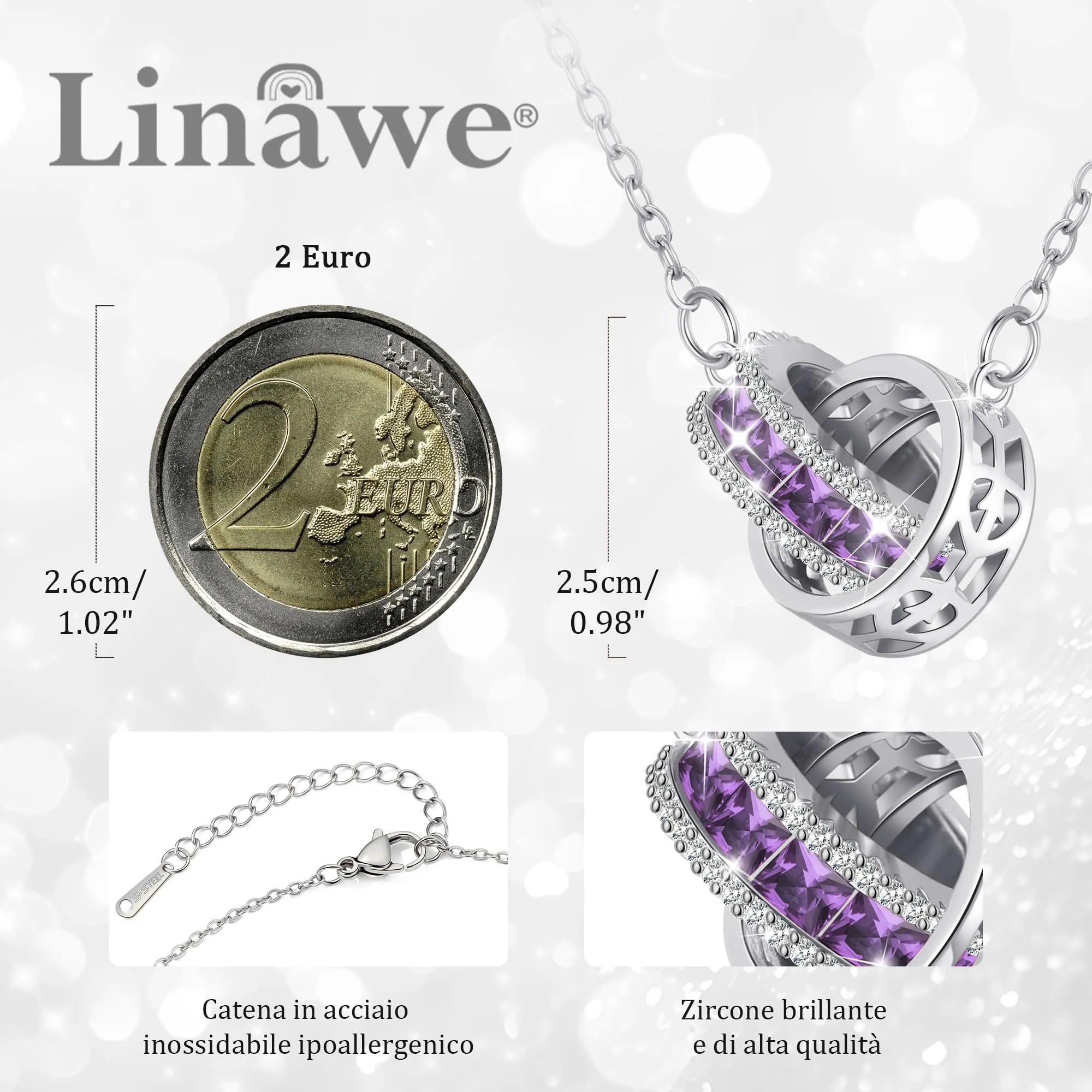 Linawe Collane con ametista viola per donna, gioielli a catena in acciaio inossidabile, gioielli in rame con ciondolo con pietre preziose, set di catenine in cristallo con pietra portafortuna - immagine 2