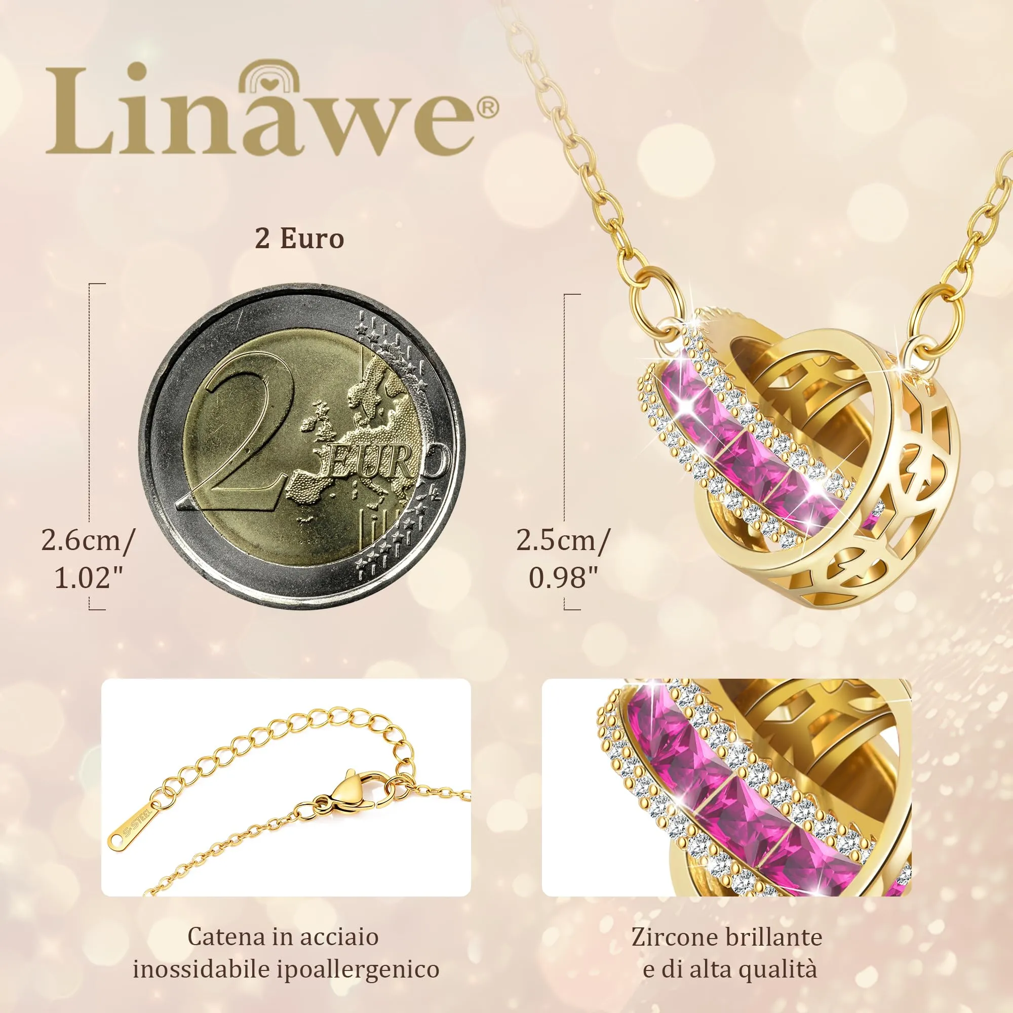 Linawe Collana da donna in acciaio inossidabile rosa, collana con ciondolo con pietre preziose, collana in rame placcato in oro, ciondolo a catena dorata, gioielli in cristallo portafortuna - immagine 2