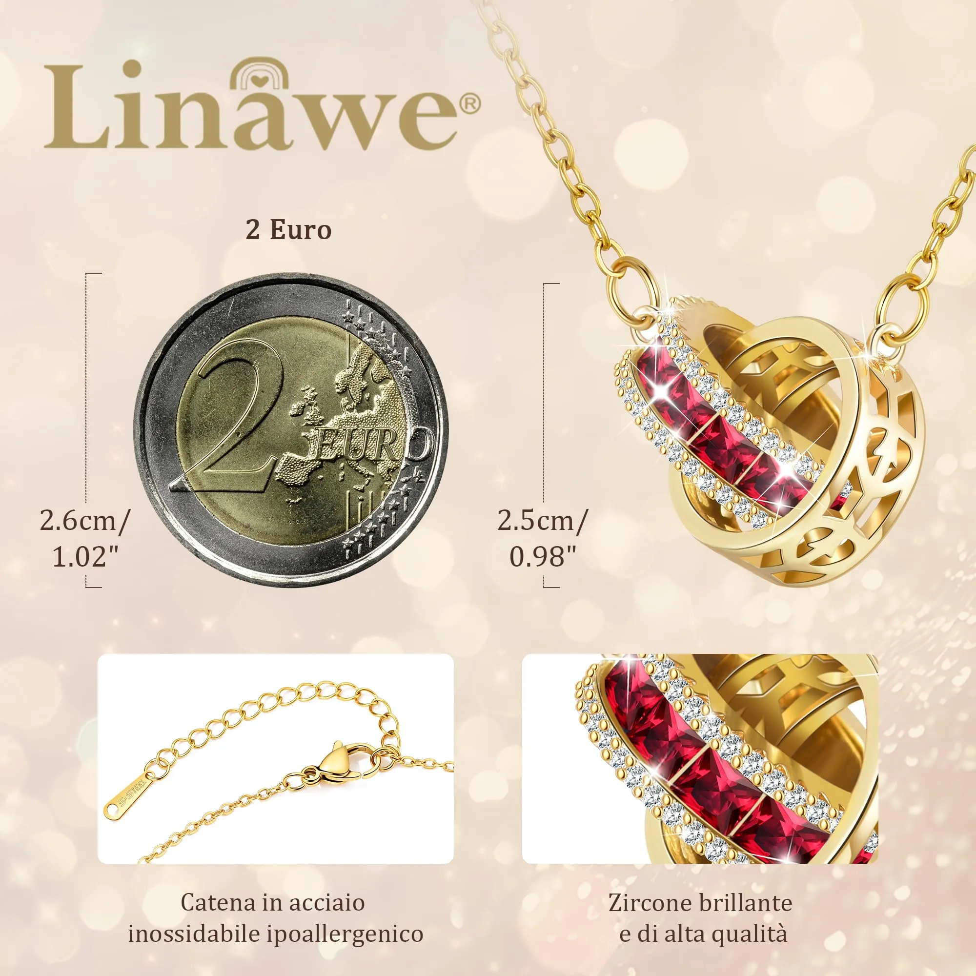Linawe Collana da donna con ciondolo con gemme rosso rubino, collana con pendente a catena dorata, in acciaio inossidabile dorato, pietra portafortuna, set di gioielli alla moda - immagine 2