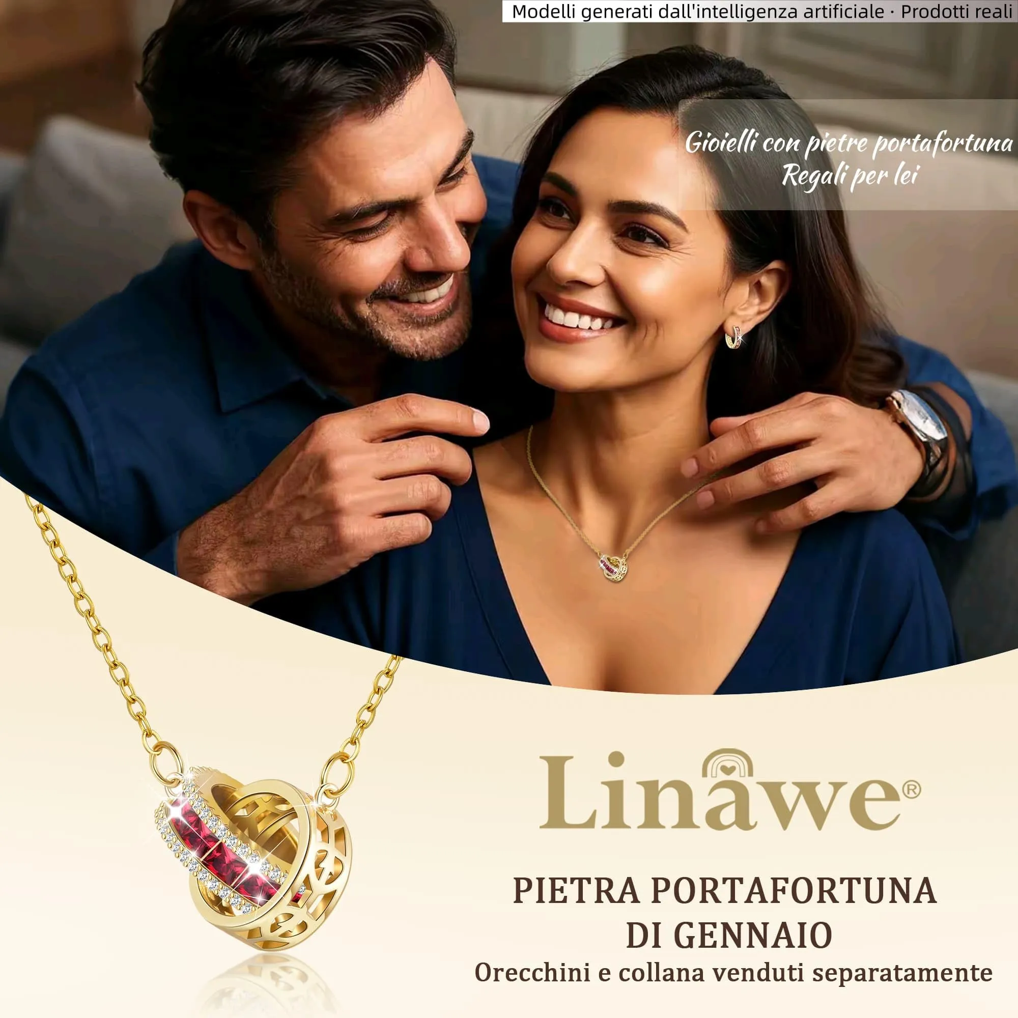 Linawe Collana da donna con ciondolo con gemme rosso rubino, collana con pendente a catena dorata, in acciaio inossidabile dorato, pietra portafortuna, set di gioielli alla moda - immagine 5