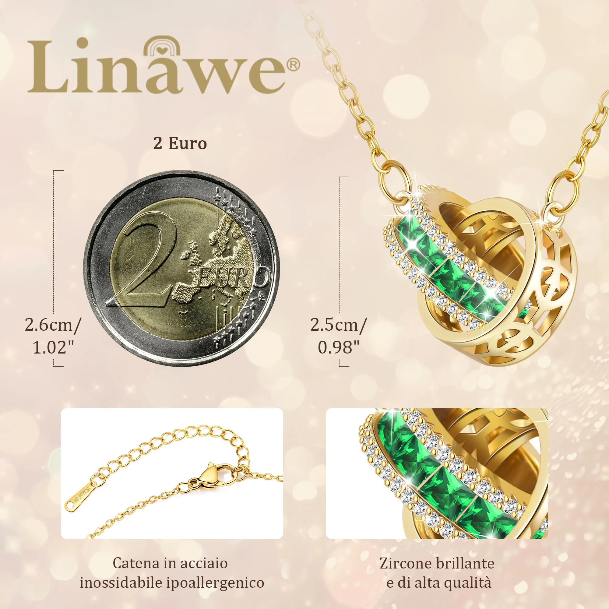Linawe Collana con ciondolo con pietre preziose verdi smeraldo, gioielli da donna, catena in acciaio inossidabile placcata in oro, set di catenine in cristallo con pietra portafortuna - immagine 2