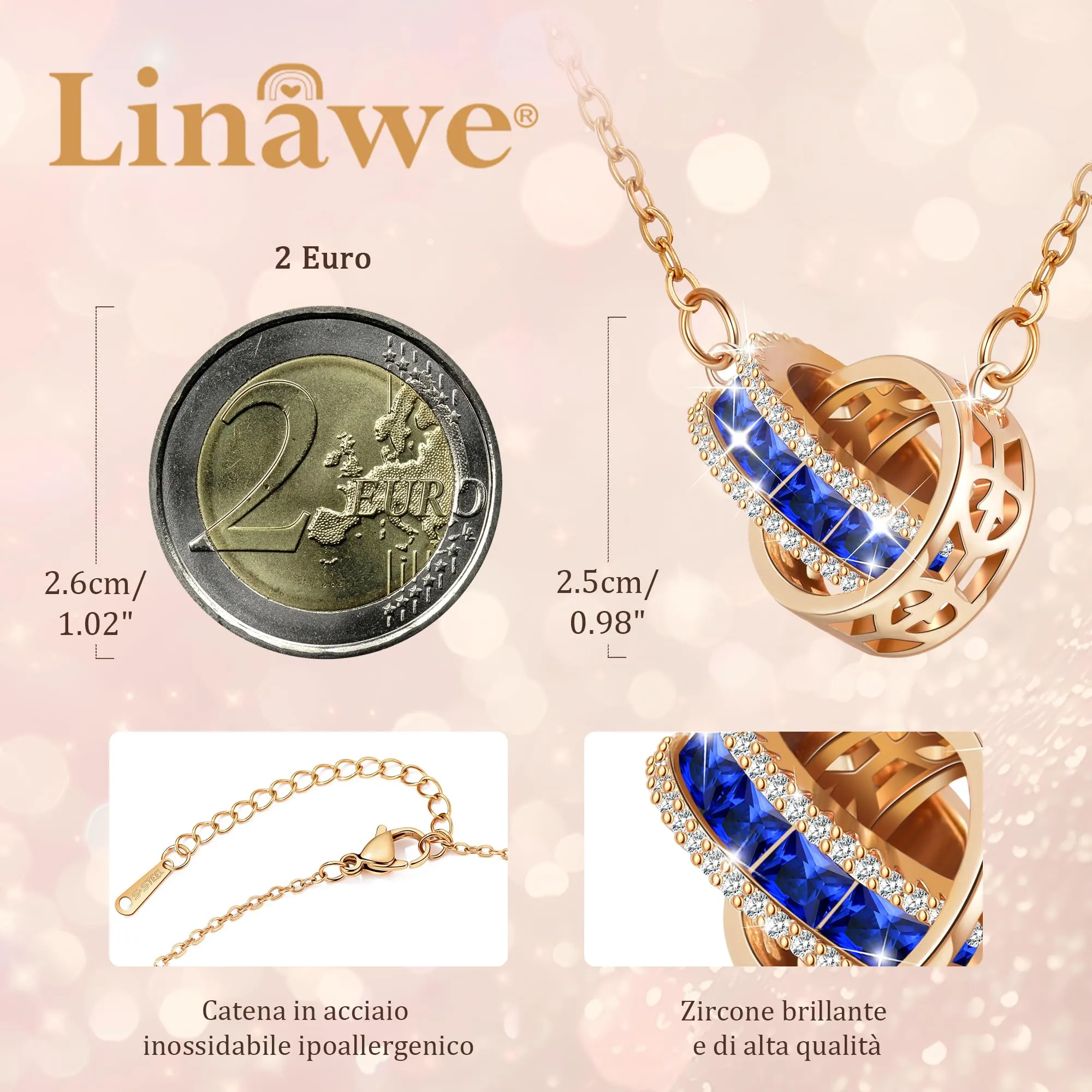 Linawe Collana con ciondolo da donna con gemme blu zaffiro, collana con ciondolo a catena, collana portafortuna in acciaio inossidabile con pietra portafortuna in oro rosa, set di gioielli alla moda - immagine 2