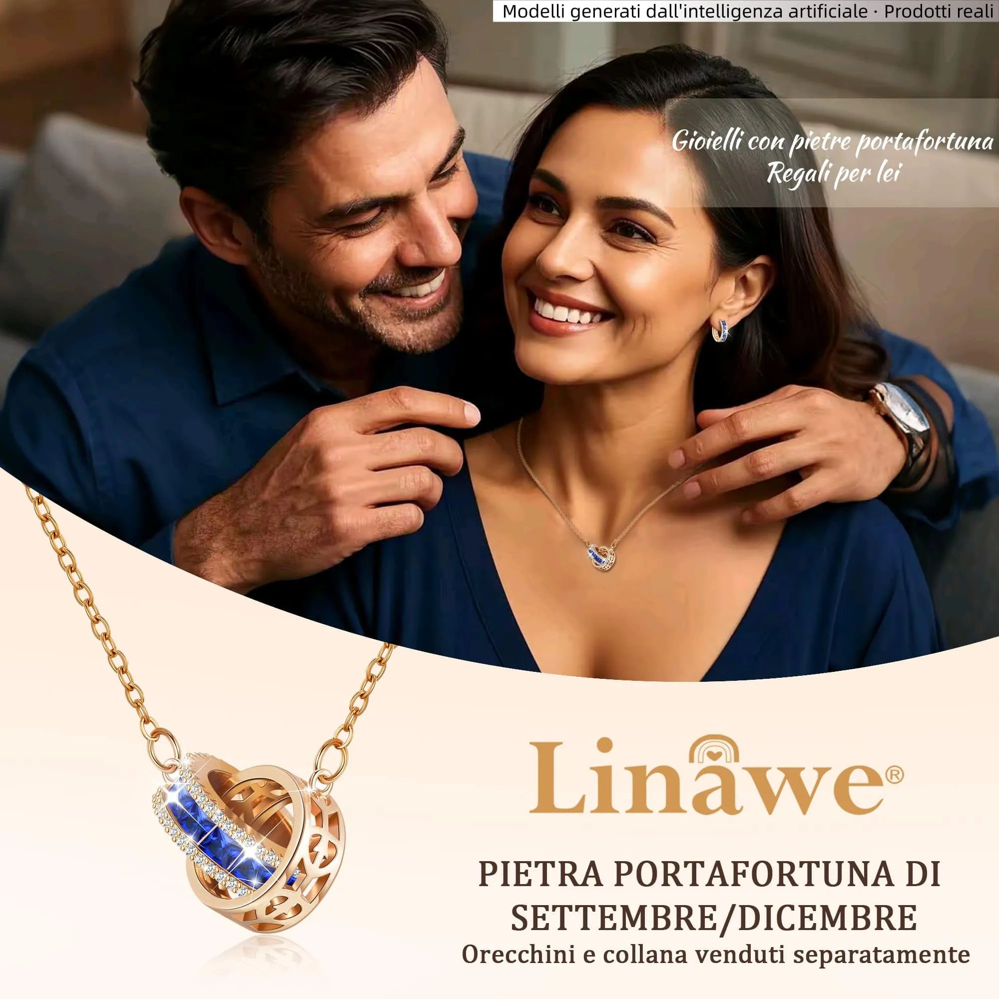 Linawe Collana con ciondolo da donna con gemme blu zaffiro, collana con ciondolo a catena, collana portafortuna in acciaio inossidabile con pietra portafortuna in oro rosa, set di gioielli alla moda - immagine 5