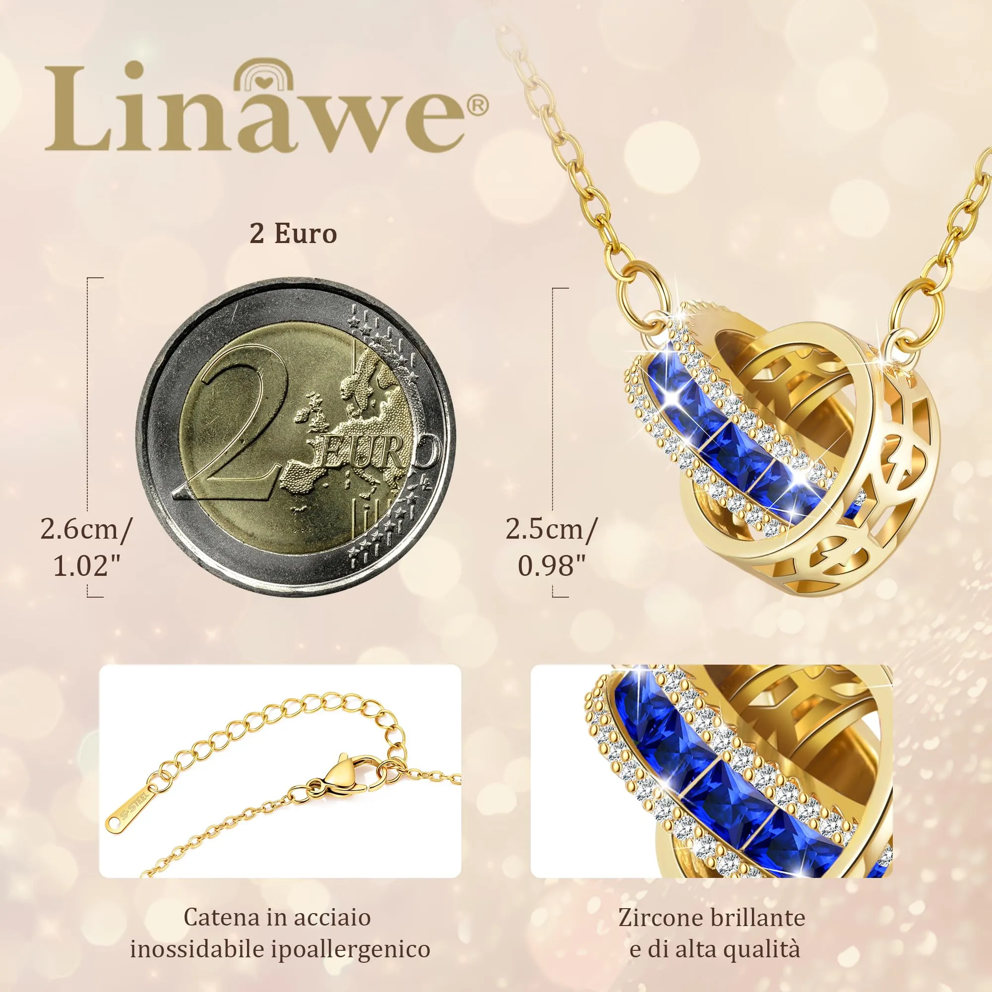 Linawe Collana con pietre preziose blu zaffiro in oro da donna, catena in acciaio inossidabile con ciondolo in pietra preziosa, set di gioielli dorati con pietra portafortuna in cristallo - immagine 2