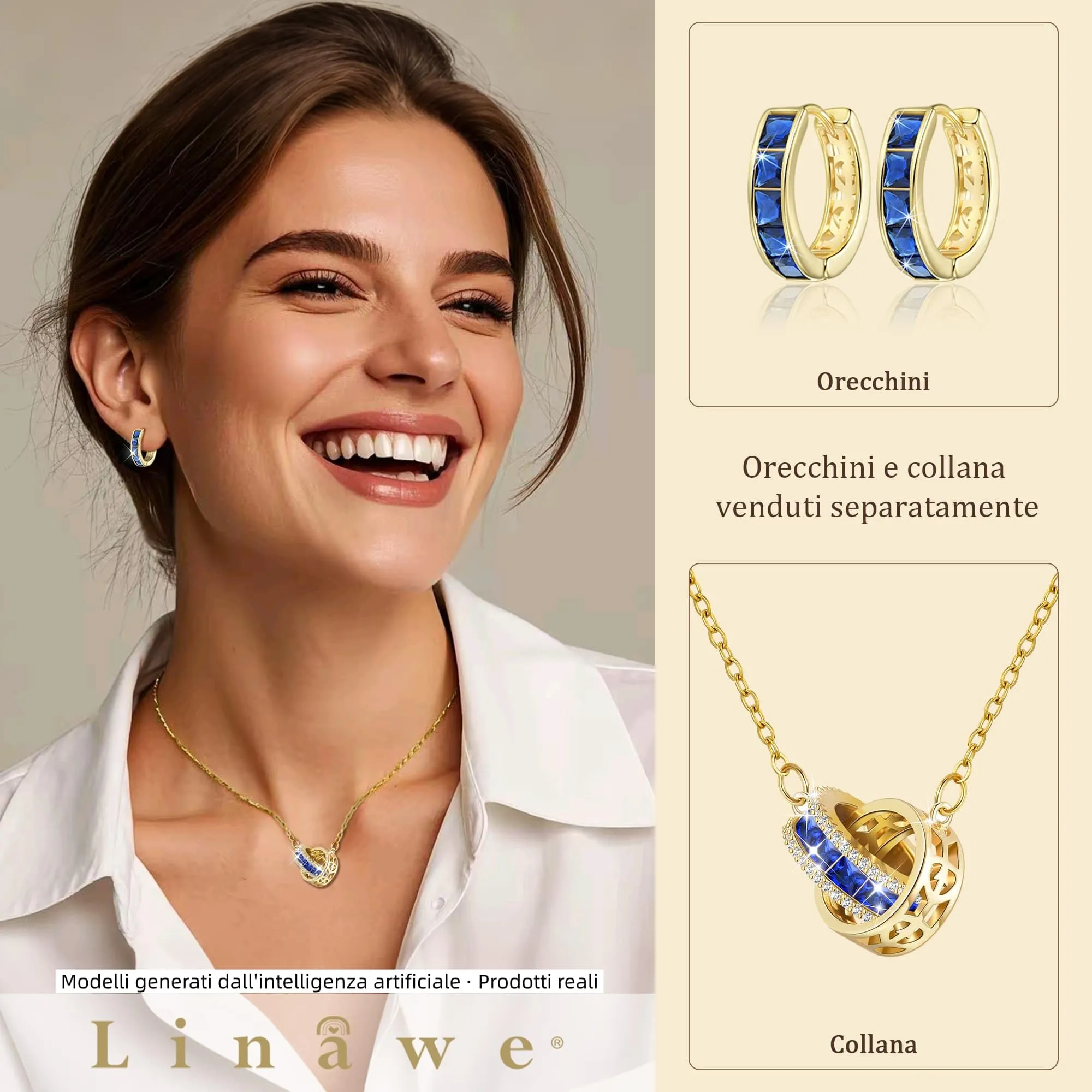 Linawe Collana con pietre preziose blu zaffiro in oro da donna, catena in acciaio inossidabile con ciondolo in pietra preziosa, set di gioielli dorati con pietra portafortuna in cristallo - immagine 3