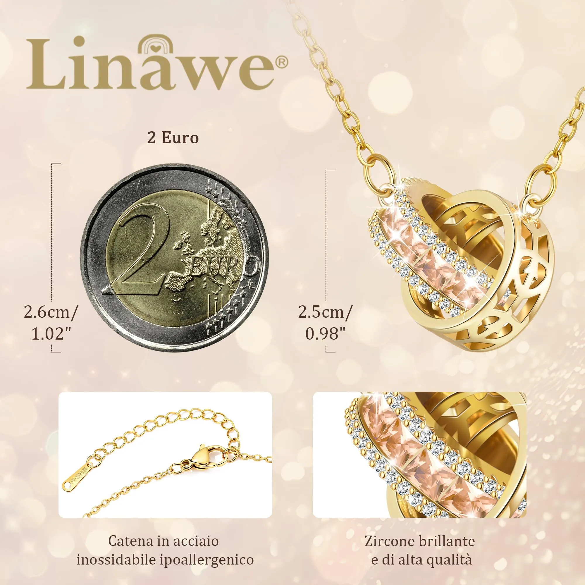 Linawe Collane da donna in giallo citrino, Catena con ciondolo con pietre preziose, acciaio inossidabile, set di catenine in cristallo con pietra portafortuna dorata - immagine 2