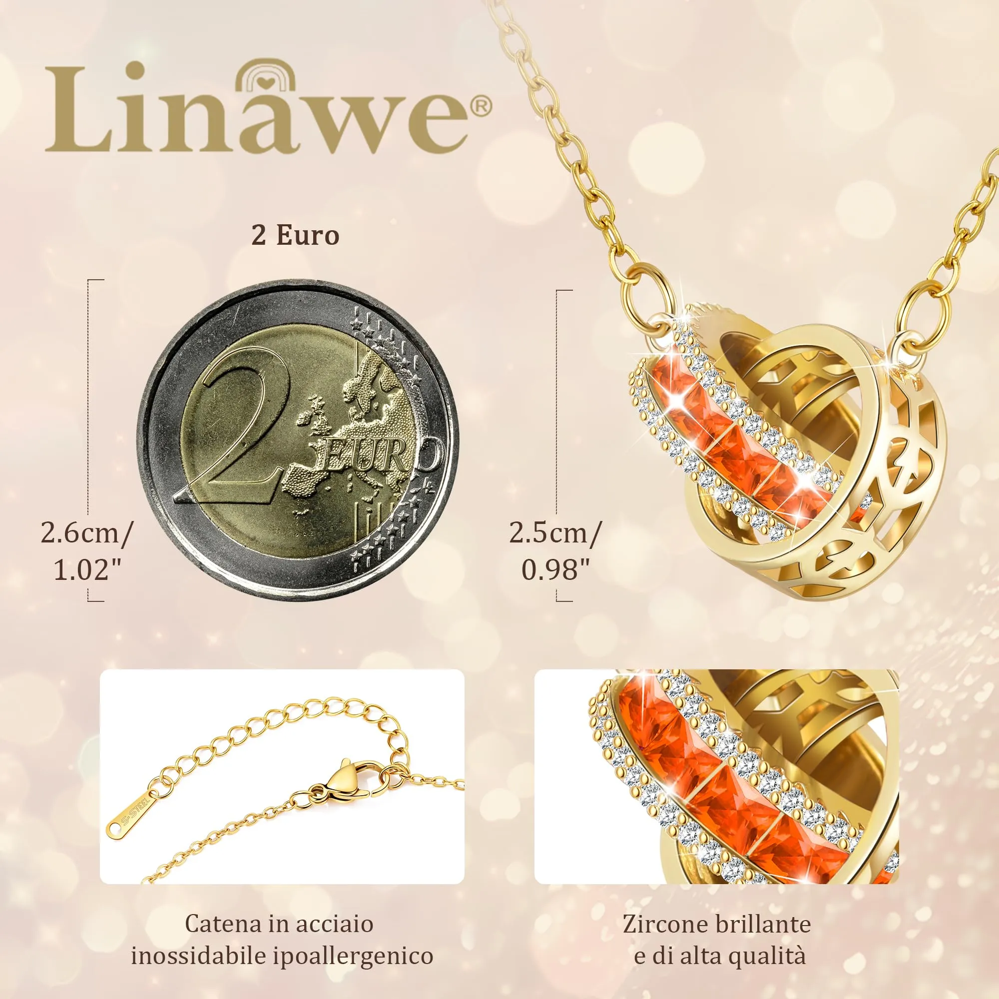 Linawe Collana da donna con gemme dorate, collana con ciondolo arancione, gioielli a catena in oro, collana con pendente a catena, set di catenine portafortuna in acciaio inossidabile dorato - immagine 2