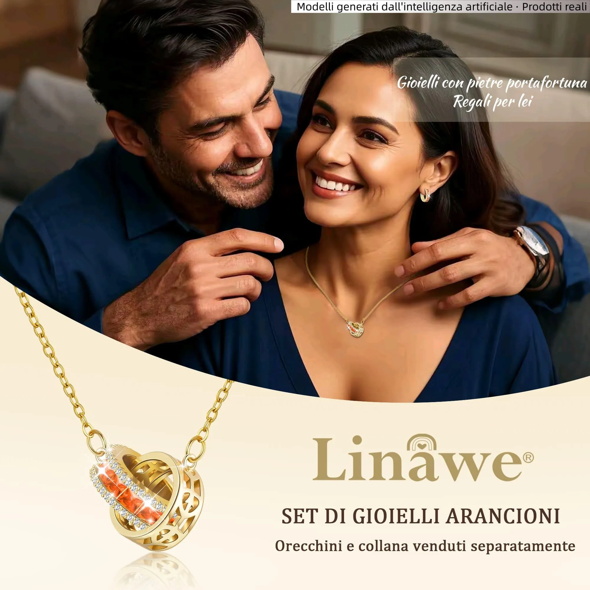 Linawe Collana da donna con gemme dorate, collana con ciondolo arancione, gioielli a catena in oro, collana con pendente a catena, set di catenine portafortuna in acciaio inossidabile dorato - immagine 5