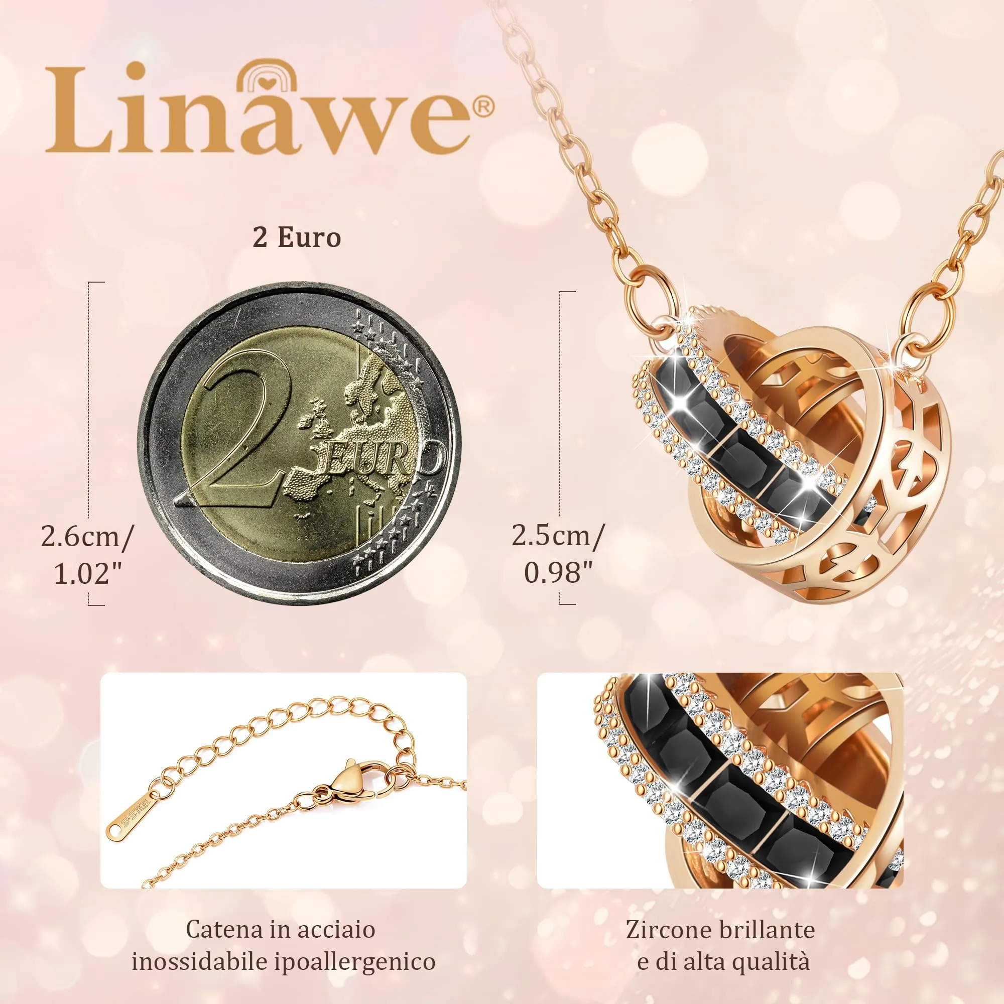 Linawe Collane con ciondolo in tormalina nera da donna in oro rosa, collana con ciondolo a catena in acciaio inossidabile con pietre preziose, collana di Pietra portafortuna cristallo - immagine 2