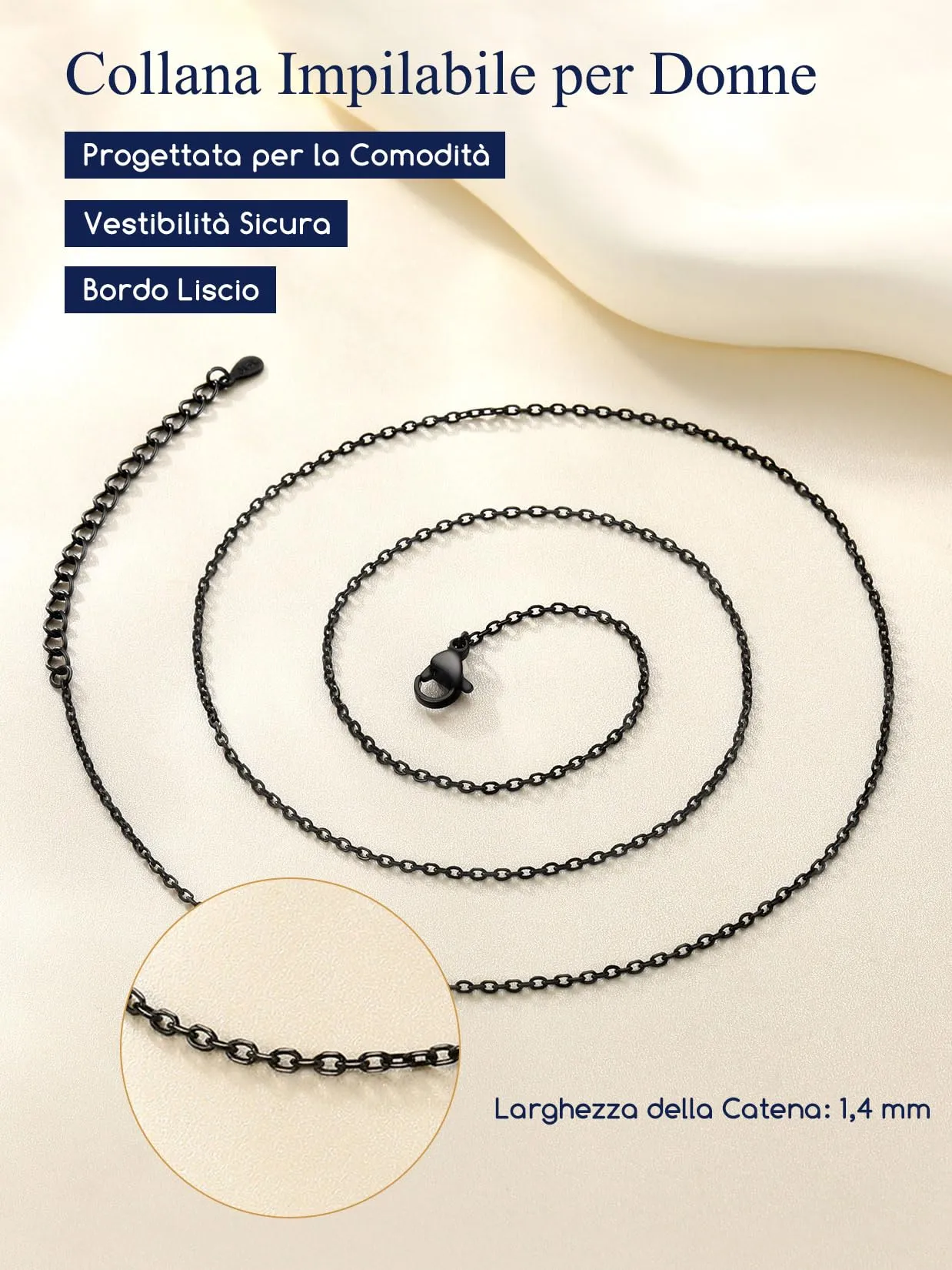 Suplight Collana Donna Nero Rolò a Catenina Sottile 1,4mm in Acciaio Inossidabile Catenina Nero Donna Lunghezza 51cm Catena per Ciondolo Impermeabile Confezione Regalo - immagine 4
