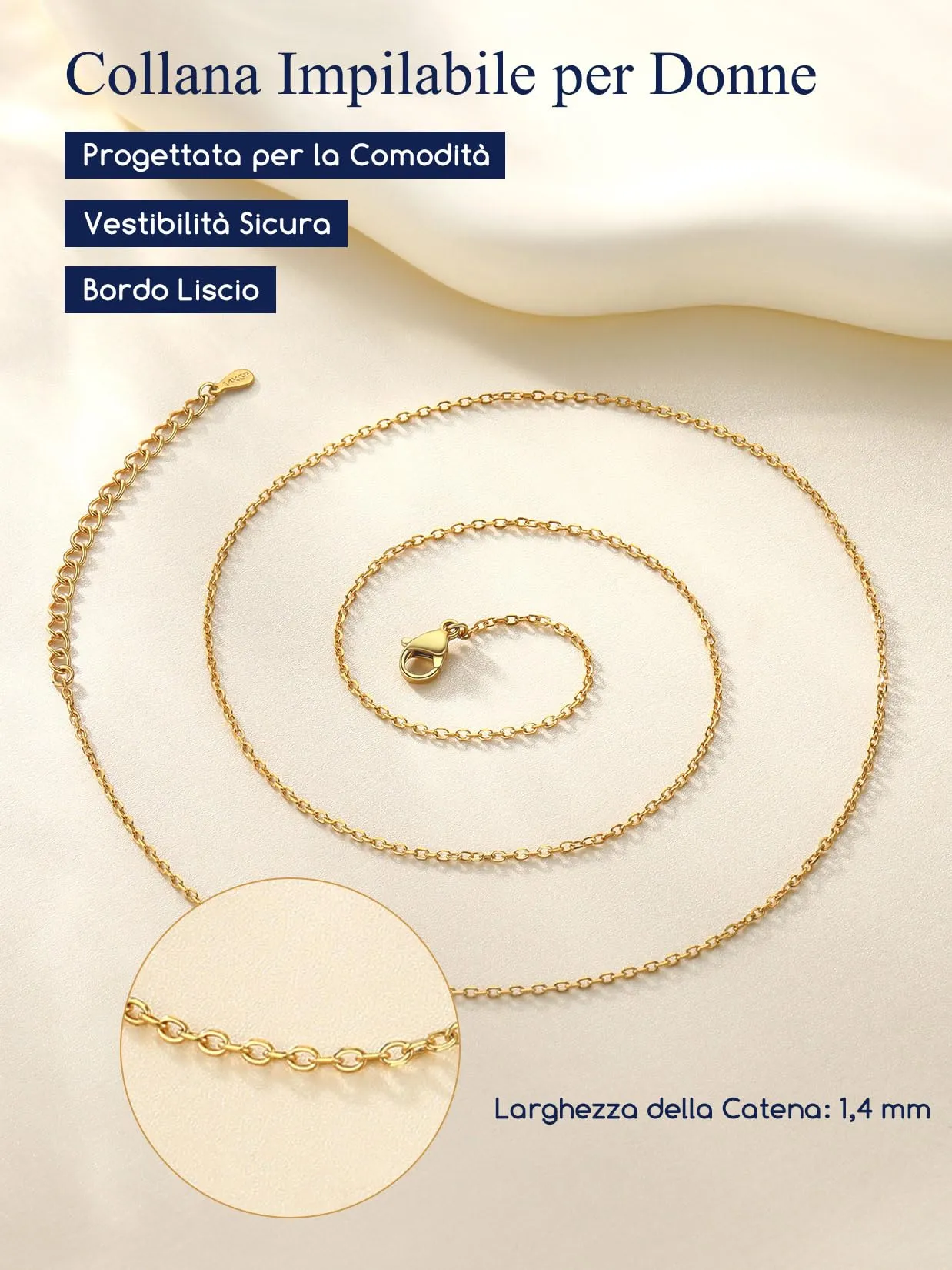 Suplight Collana Donna Oro Rolò a Catenina Sottile 1,4mm in Acciaio Inossidabile Catenina Oro Donna Lunghezza 46cm Catena per Ciondolo Impermeabile Confezione Regalo - immagine 4