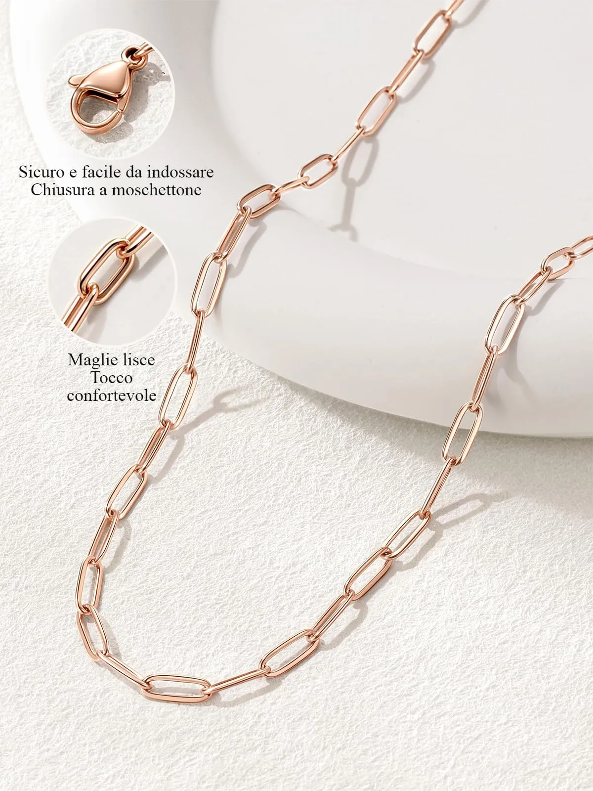U7 Catenina Donna Oro Rosa Acciaio Inox a Graffetta da 3,4 mm, lungh.61+5cm - immagine 7