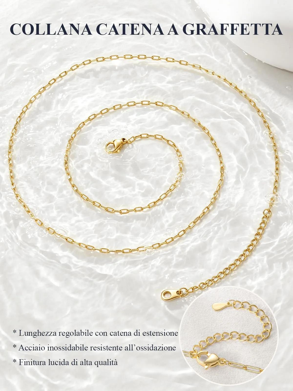 U7 Catenina Donna Oro Acciaio Inox a Graffetta da 1,8 mm, lungh.61+5cm - immagine 4