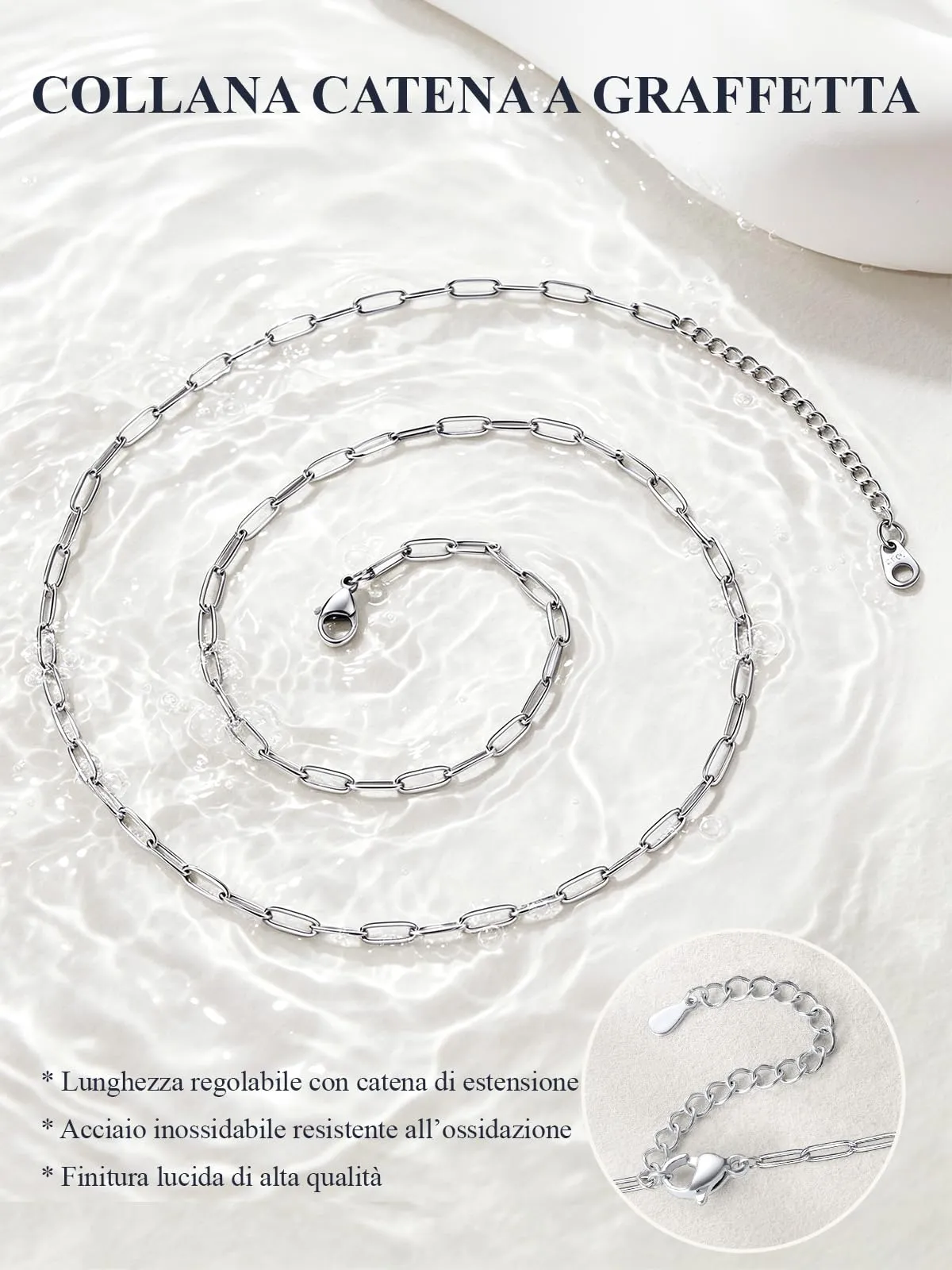 U7 Collana Catenina Donna Acciaio Inox a Graffetta da 3,4 mm, lungh.35+5cm - immagine 4