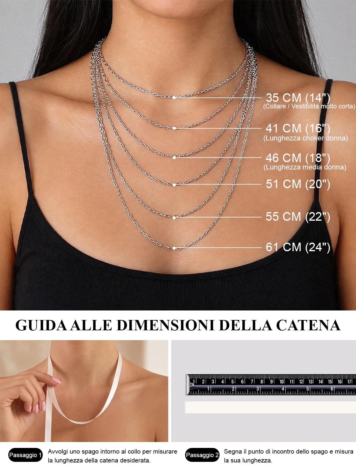 U7 Collana Catenina Donna Acciaio Inox a Graffetta da 3,4 mm, lungh.35+5cm - immagine 5