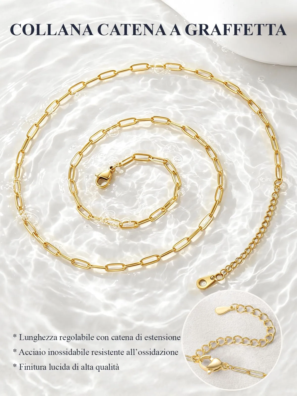 U7 Catenina Donna Oro Acciaio Inox a Graffetta da 3,4 mm, lungh.51+5cm - immagine 4