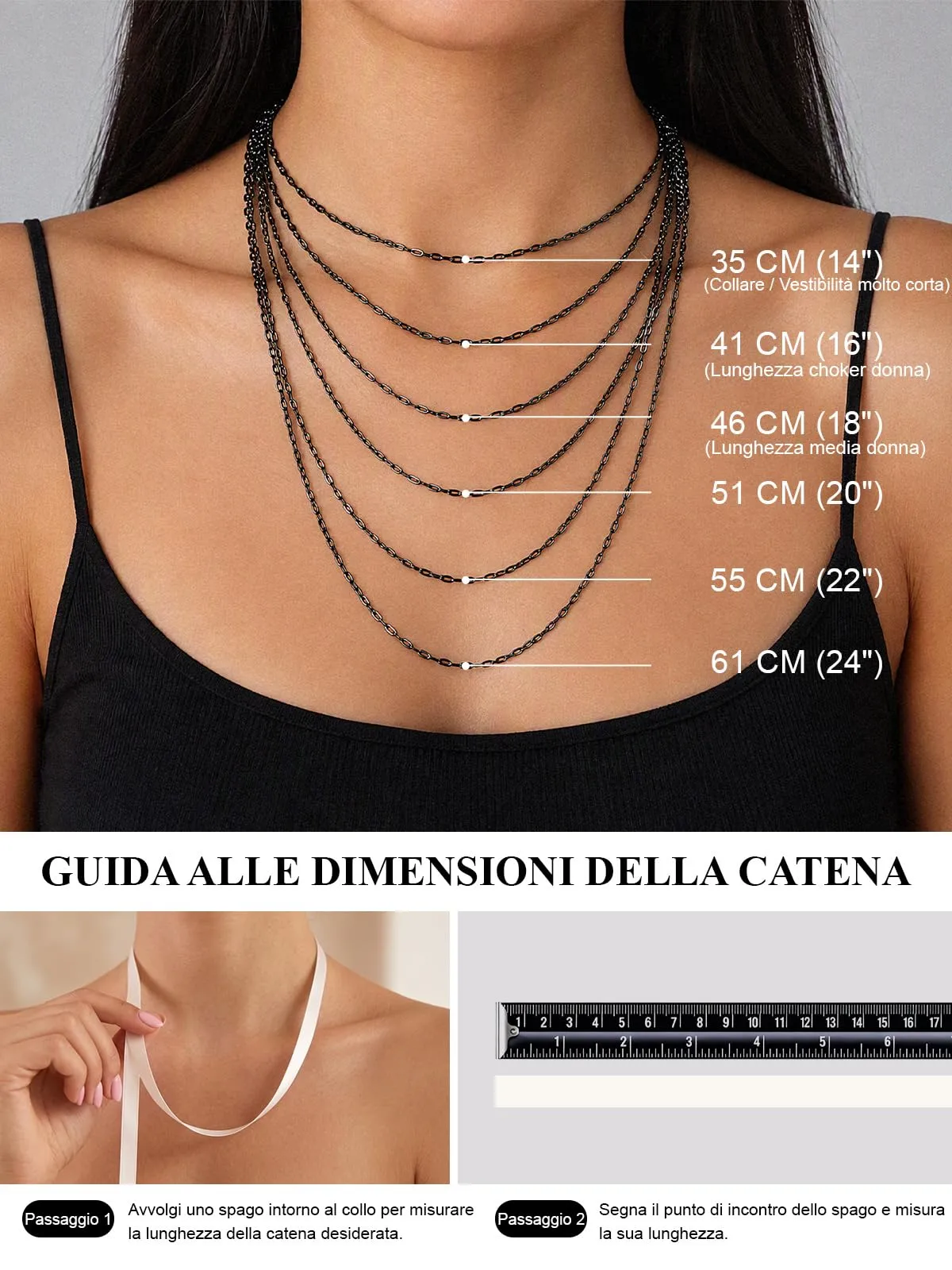 U7 Catenina Donna Nera Acciaio Inox a Graffetta da 1,8 mm, lungh.35+5cm - immagine 5