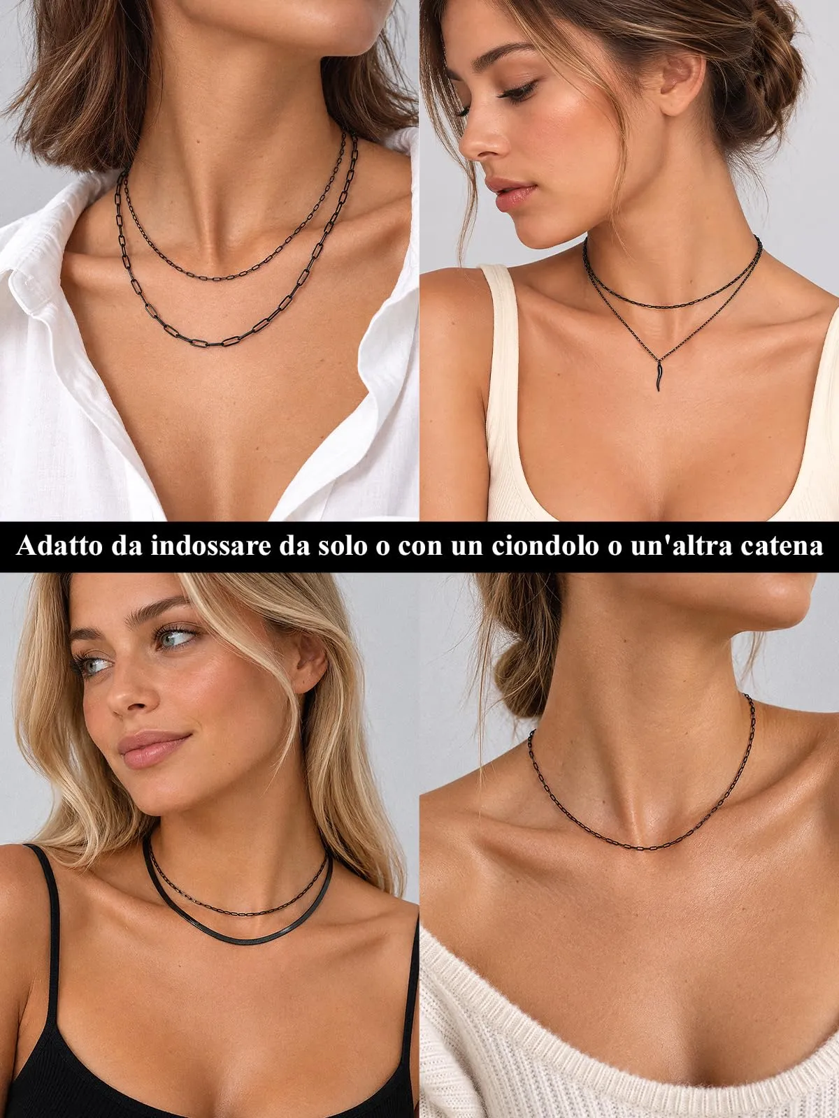 U7 Catenina Donna Nera Acciaio Inox a Graffetta da 1,8 mm, lungh.35+5cm - immagine 6
