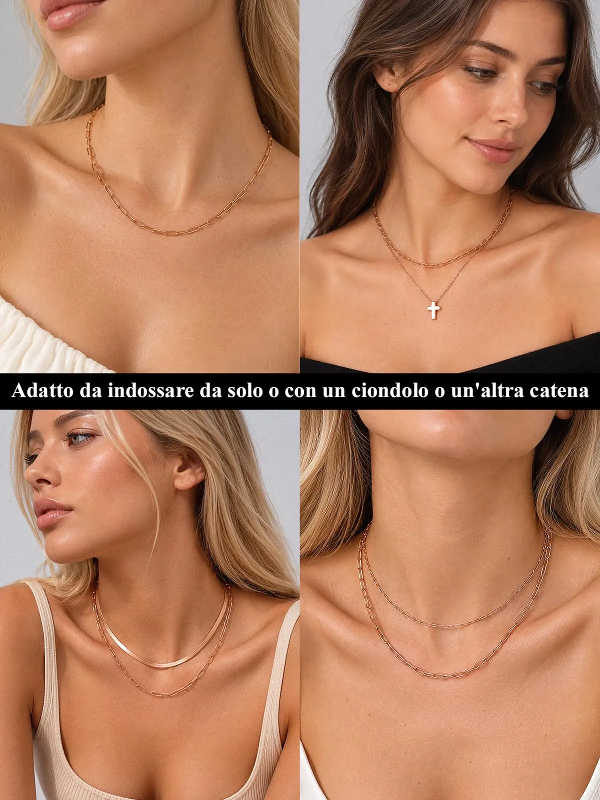 U7 Catenina Donna Oro Rosa Acciaio Inox a Graffetta da 3,4 mm, lungh.55+5cm - immagine 6