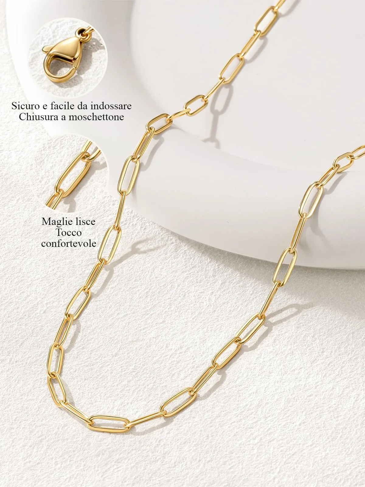 U7 Catenina Donna Oro Acciaio Inox a Graffetta da 3,4 mm, lungh.46+5cm - immagine 7