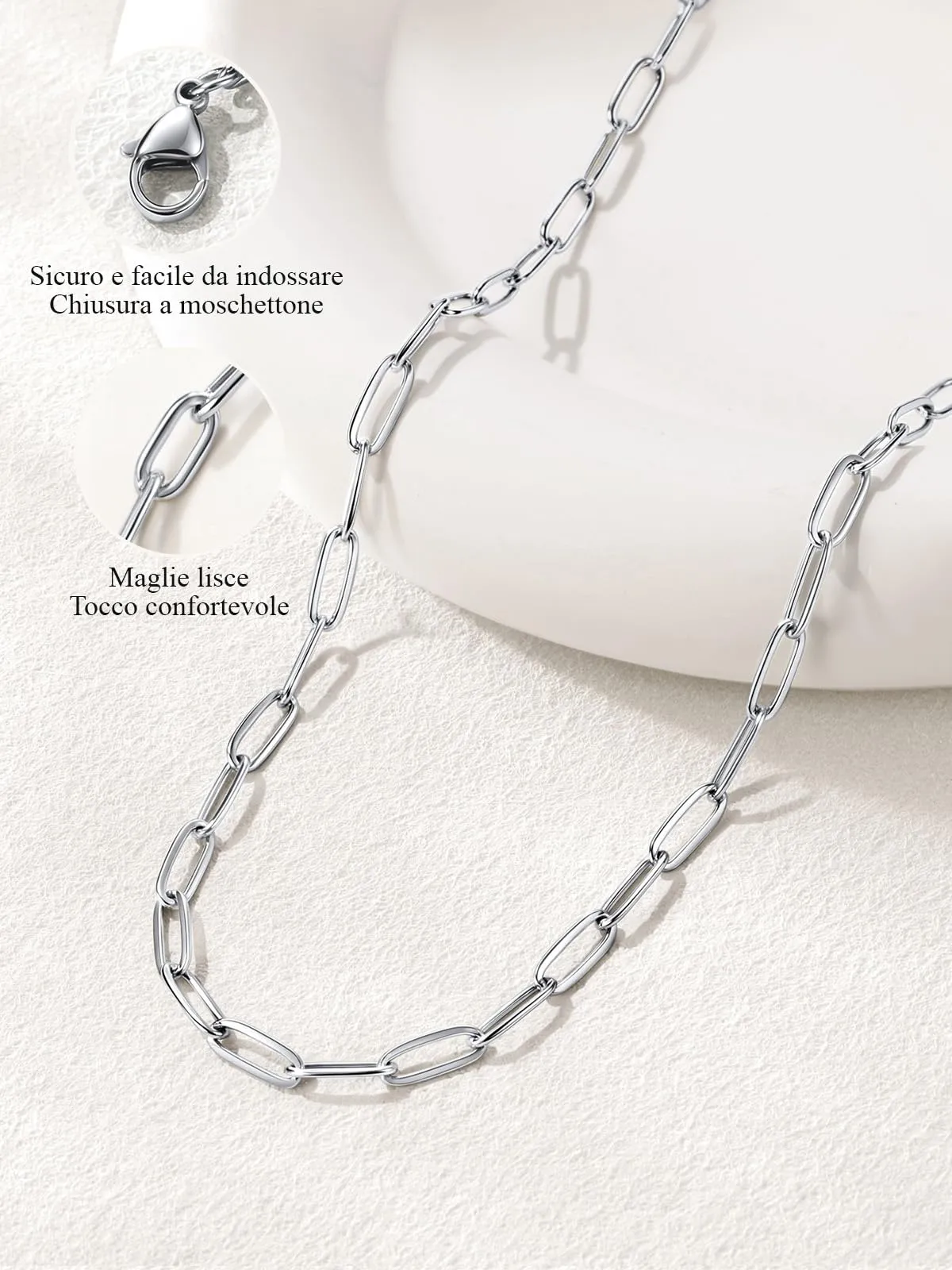 U7 Collana Catenina Donna Acciaio Inox a Graffetta da 3,4 mm, lungh.41+5cm - immagine 7