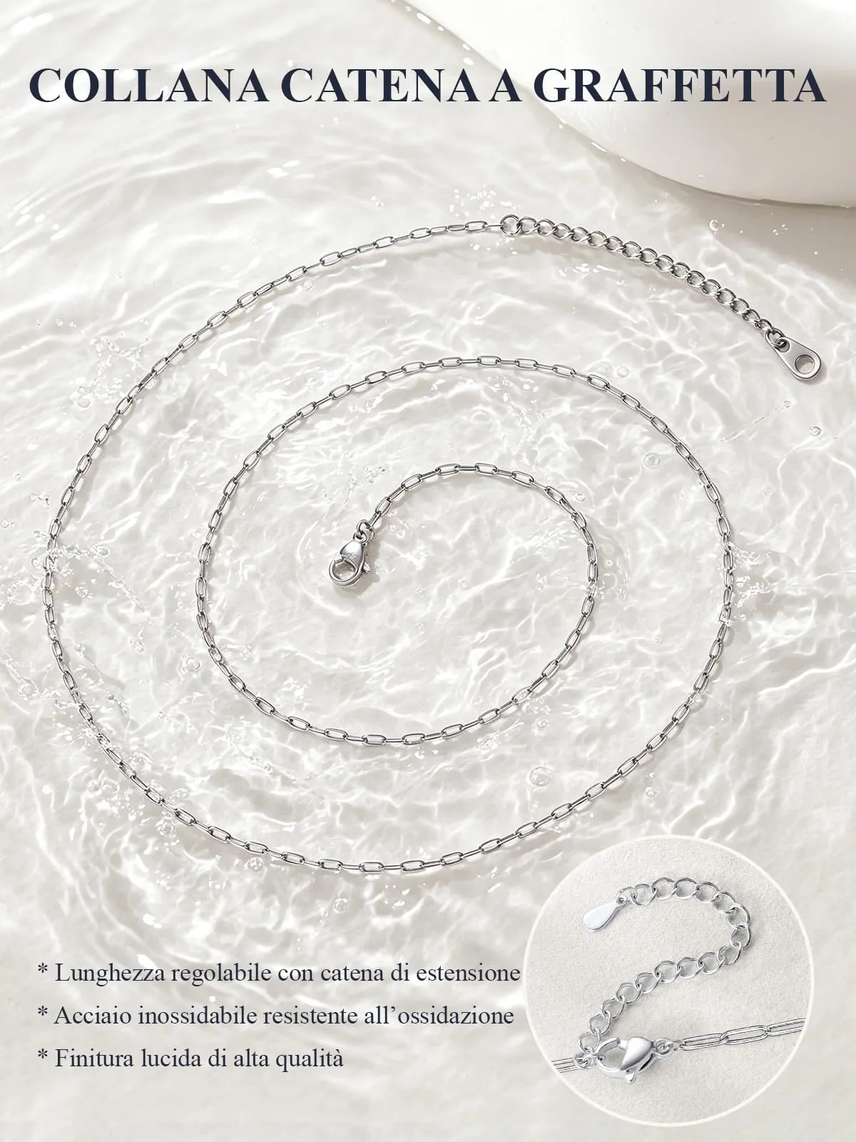 U7 Collana Catenina Donna Acciaio Inox a Graffetta da 1,8 mm, lungh.55+5cm - immagine 4