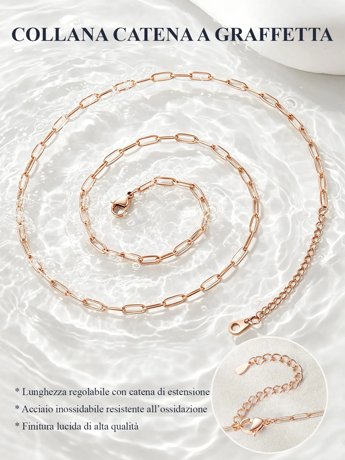 U7 Catenina Donna Oro Rosa Acciaio Inox a Graffetta da 3,4 mm, lungh.41+5cm - immagine 4