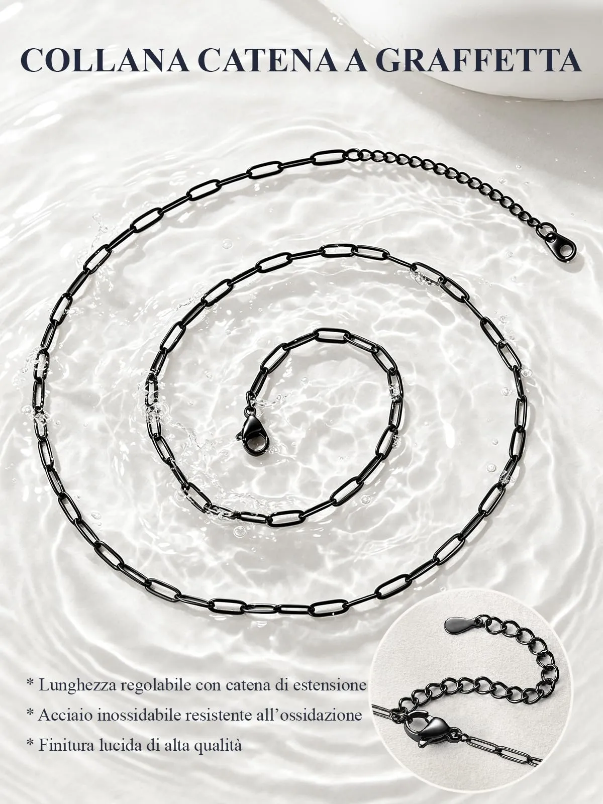 U7 Catenina Donna Nera Acciaio Inox a Graffetta da 3,4 mm, lungh.46+5cm - immagine 4