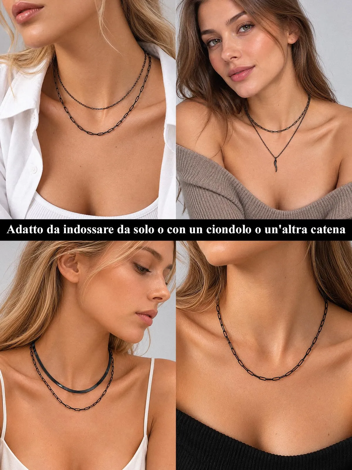 U7 Catenina Donna Nera Acciaio Inox a Graffetta da 3,4 mm, lungh.46+5cm - immagine 6