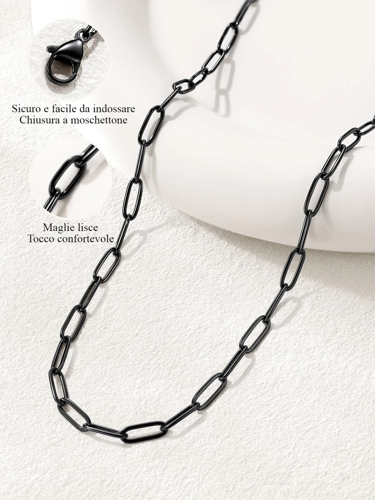 U7 Catenina Donna Nera Acciaio Inox a Graffetta da 3,4 mm, lungh.46+5cm - immagine 7