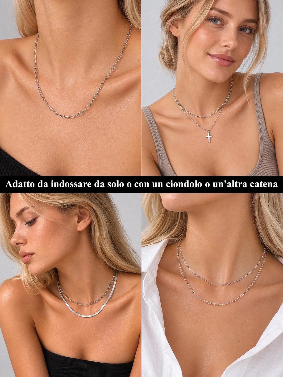 U7 Collana Catenina Donna Acciaio Inox a Graffetta da 3,4 mm, lungh.51+5cm - immagine 6