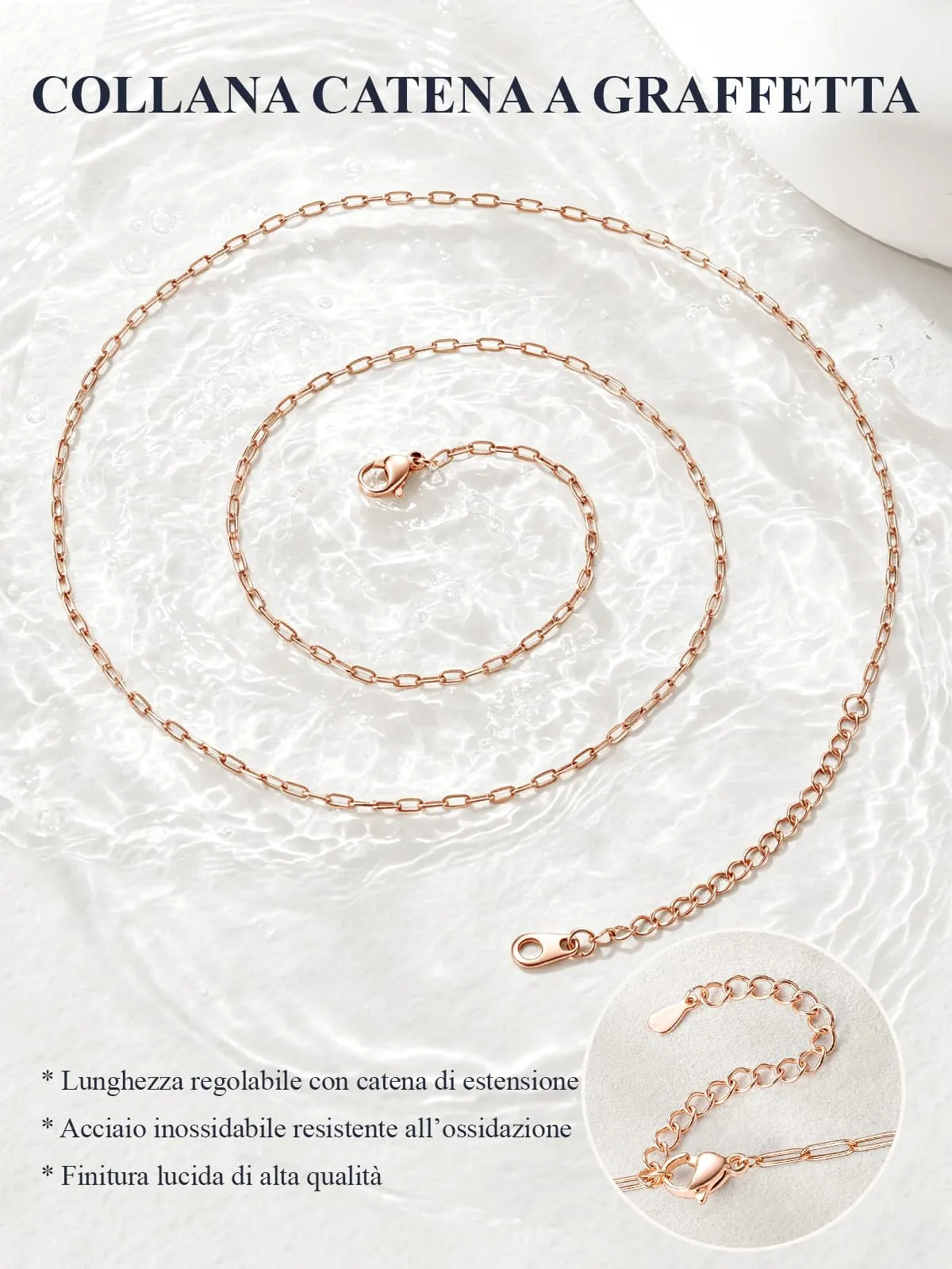 U7 Catenina Donna Oro Rosa Acciaio Inox a Graffetta da 1,8 mm, lungh.41+5cm - immagine 4