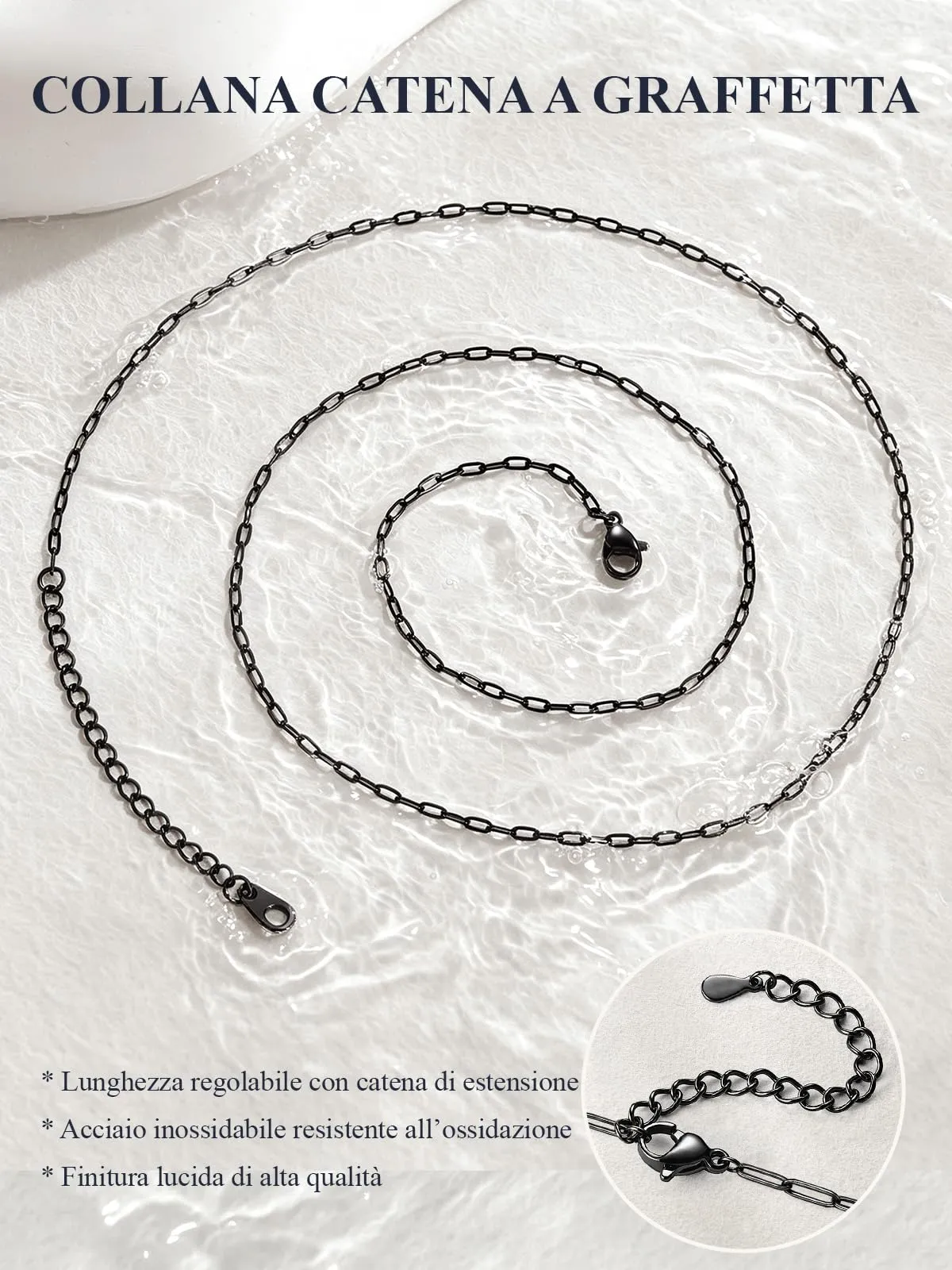 U7 Catenina Donna Nera Acciaio Inox a Graffetta da 1,8 mm, lungh.55+5cm - immagine 4