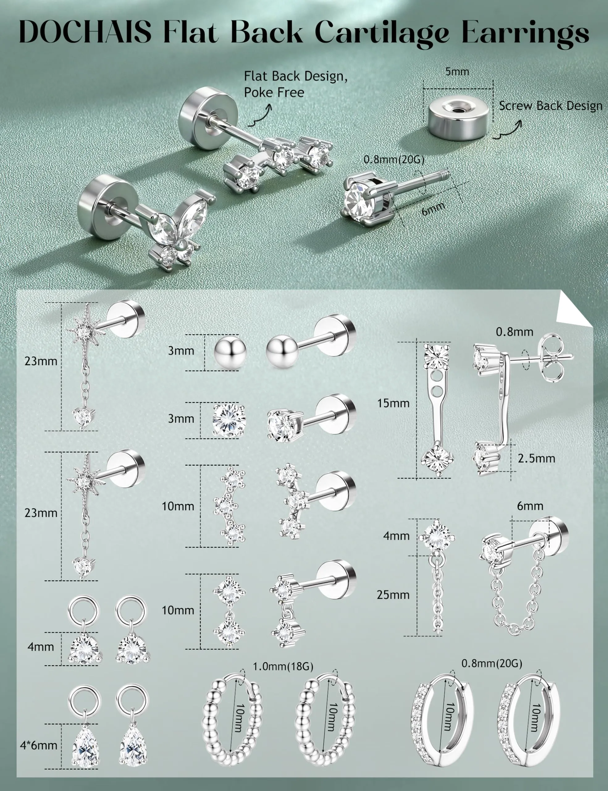 DOCHAIS Set Orecchini Donna Acciaio Inossidabile Piercing Orecchio argentato Orecchino Cerchio Piccoli,Orecchino a Bottone Anallergici,Conch Trago Helix Piercing,Orecchini Donna argentato - immagine 2